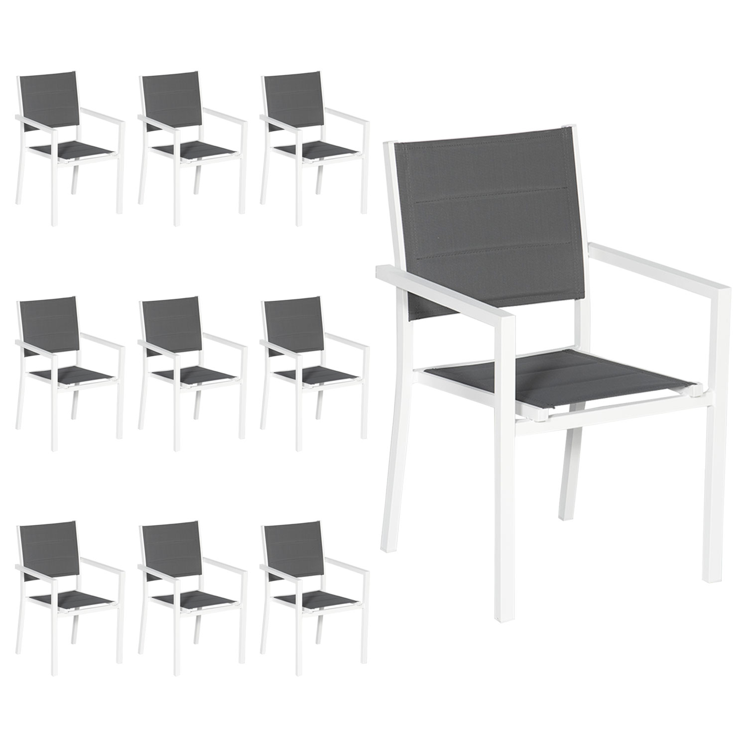 Set di 10 sedie imbottite in alluminio bianco - textilene grigio