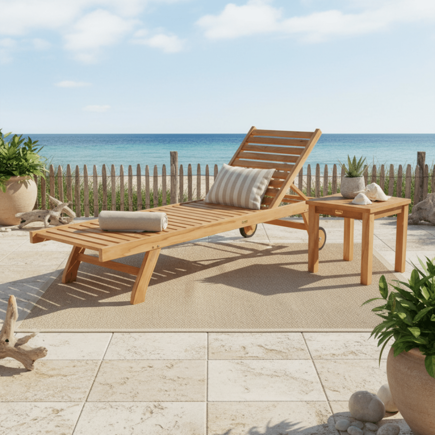 Ensemble bain de soleil droit en teck avec table d'appoint JAVA