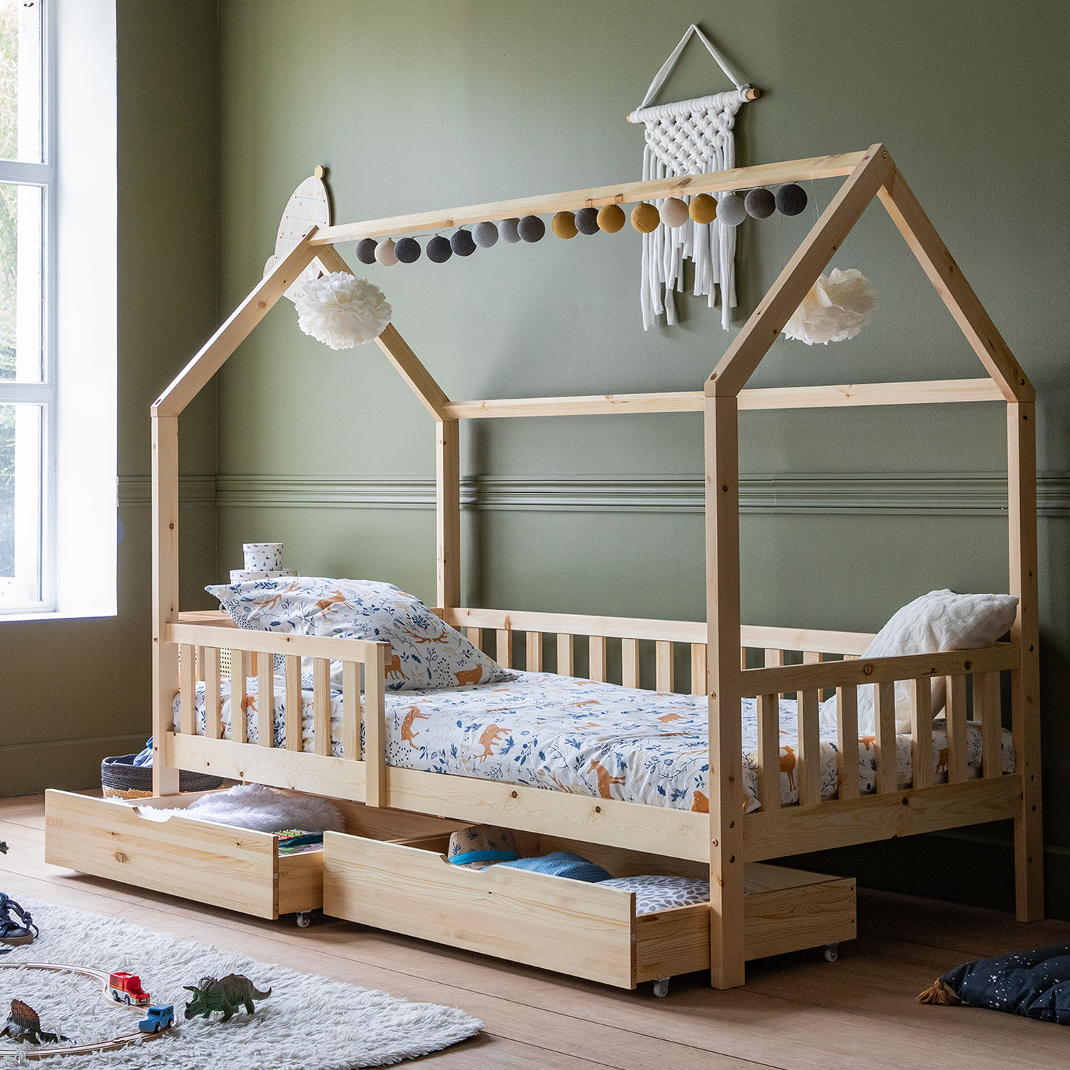 Lit cabane pour enfant 190x90cm en bois avec tiroirs MARCEAU