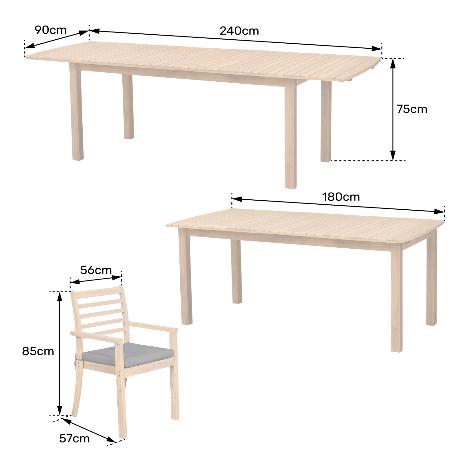Uitschuifbare tuinset 180/240cm PADAR in acaciahout 8 zits - zandkussens