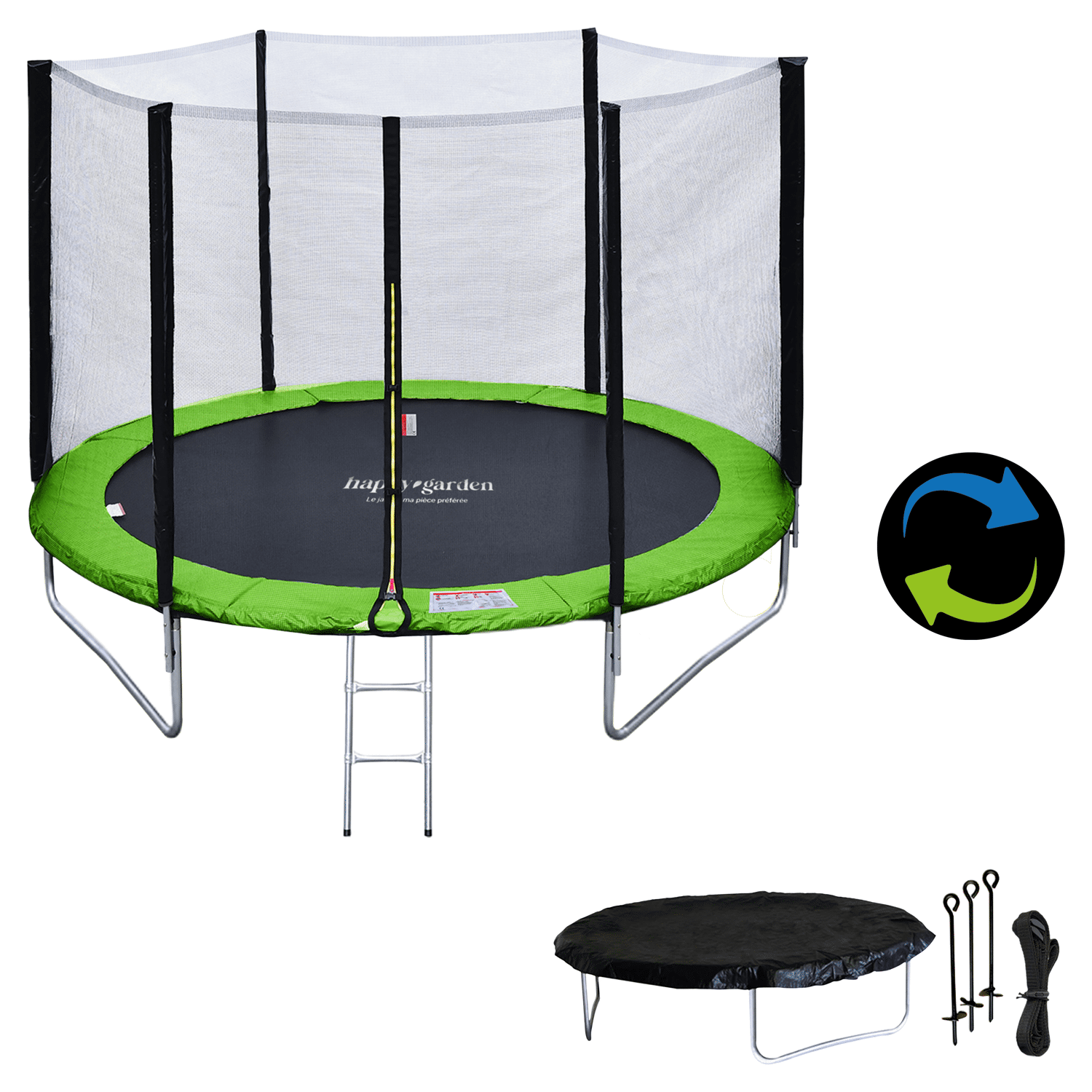 Pacote Premium Trampolim 245cm reversível verde / azul CANBERRA + rede, escada, cobertura e kit de ancoragem