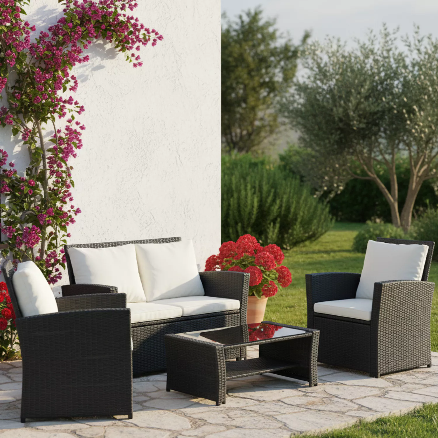 Conjunto de jardín SINTRA en resina trenzada negra 4 plazas - cojines crema