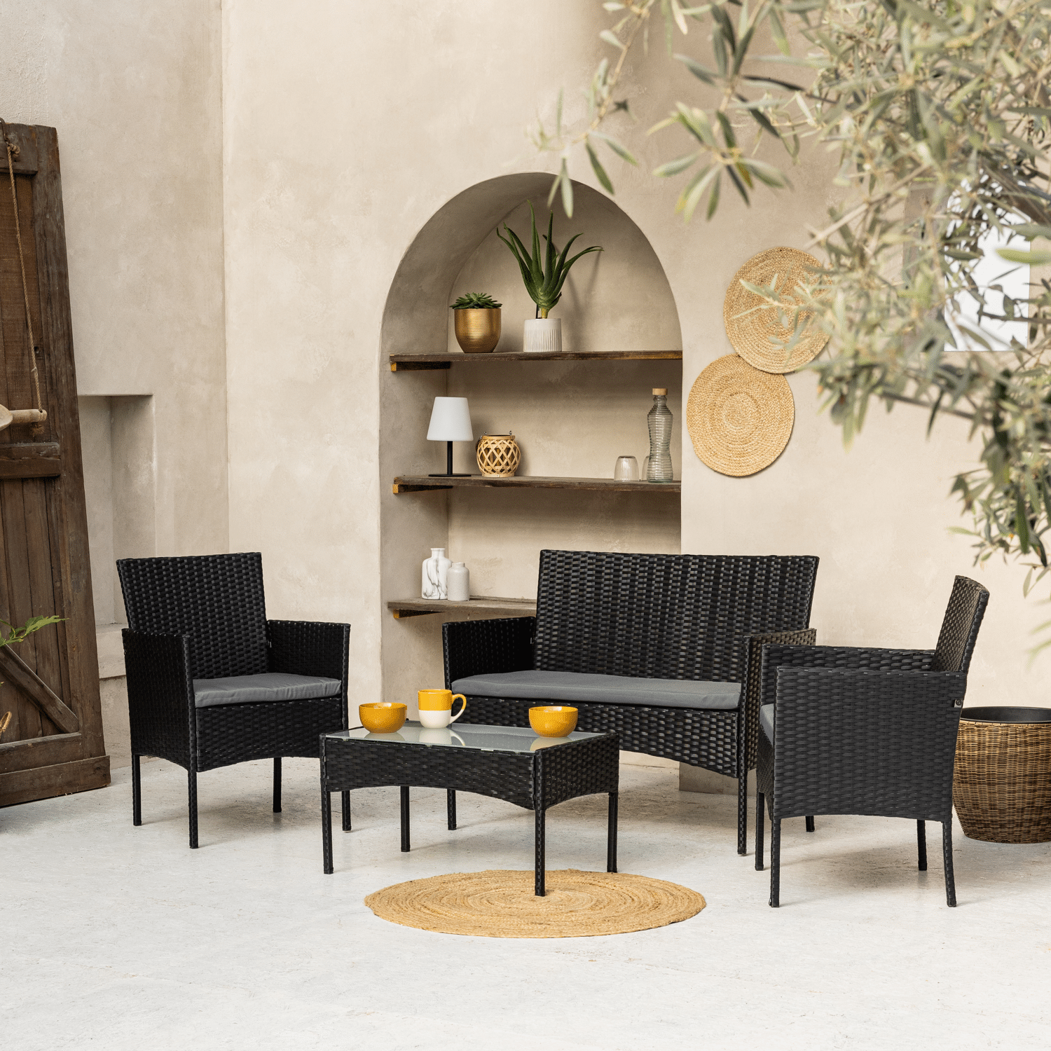 Gartenmöbel CORDOUE aus schwarzem Harzgeflecht, 4 Sitzplätze - graue Kissen