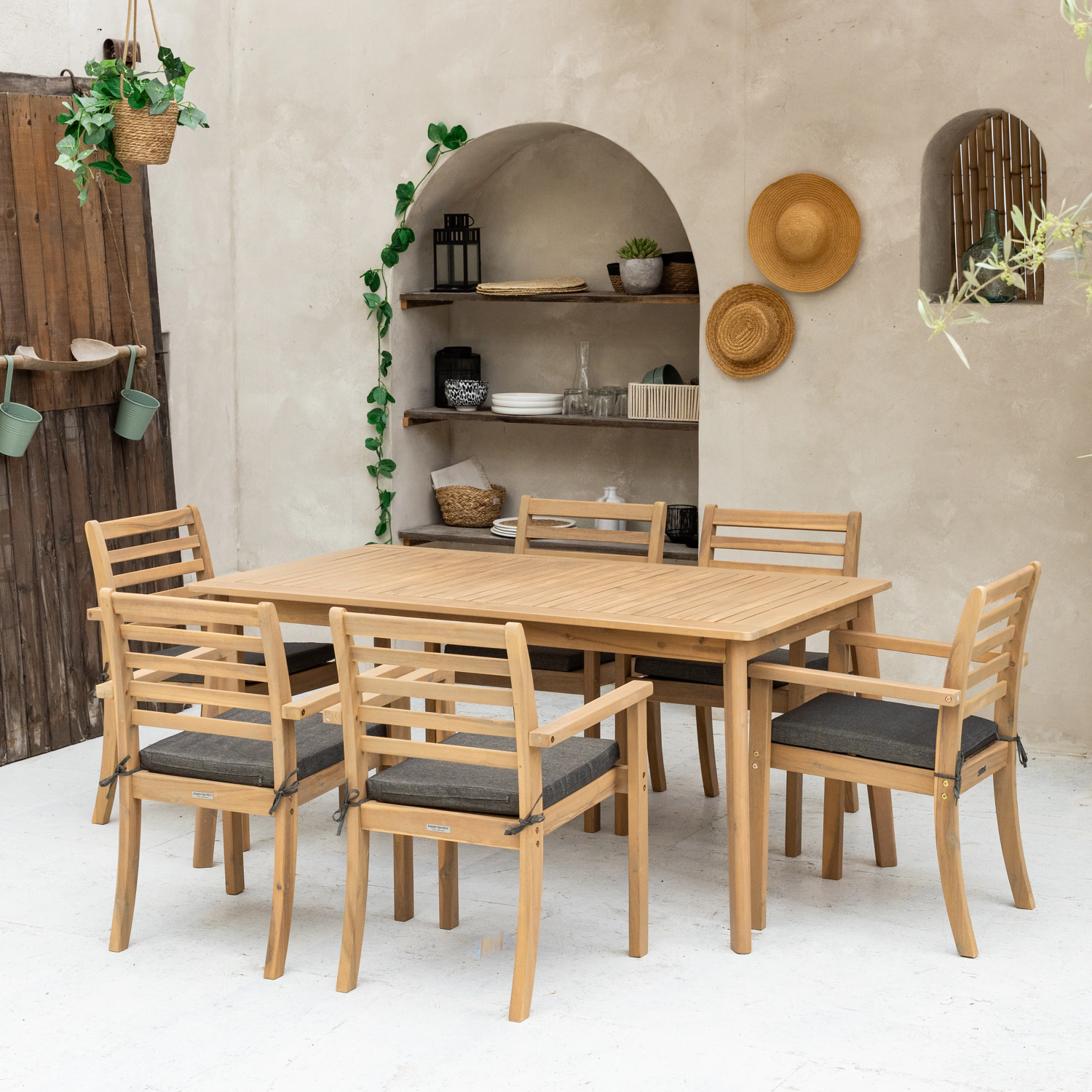 Conjunto de mobiliário de jardim Acacia SIMILAN 6 lugares - almofadas cinzentas