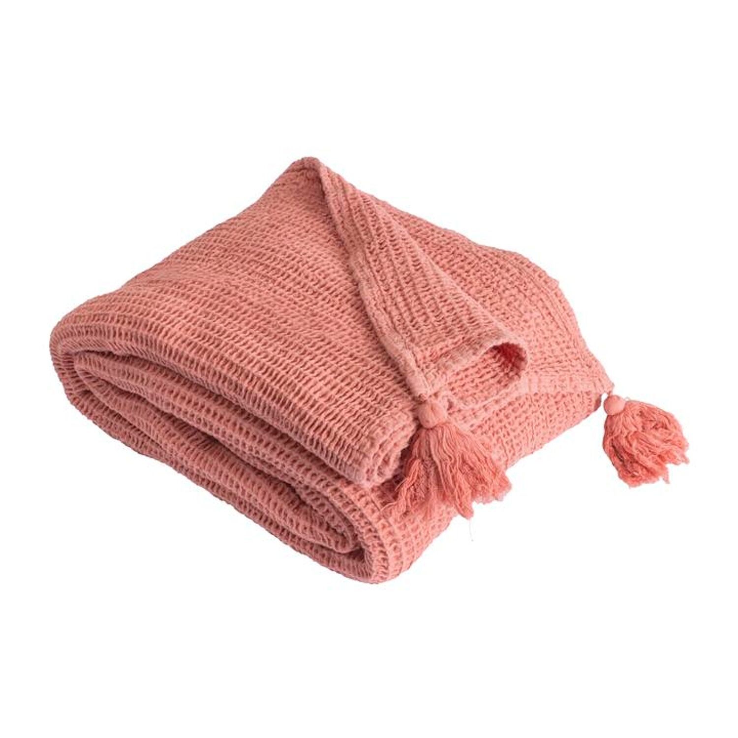 Manta xadrez rosa salmão 100% algodão com pompons 130x170cm ARNISKA