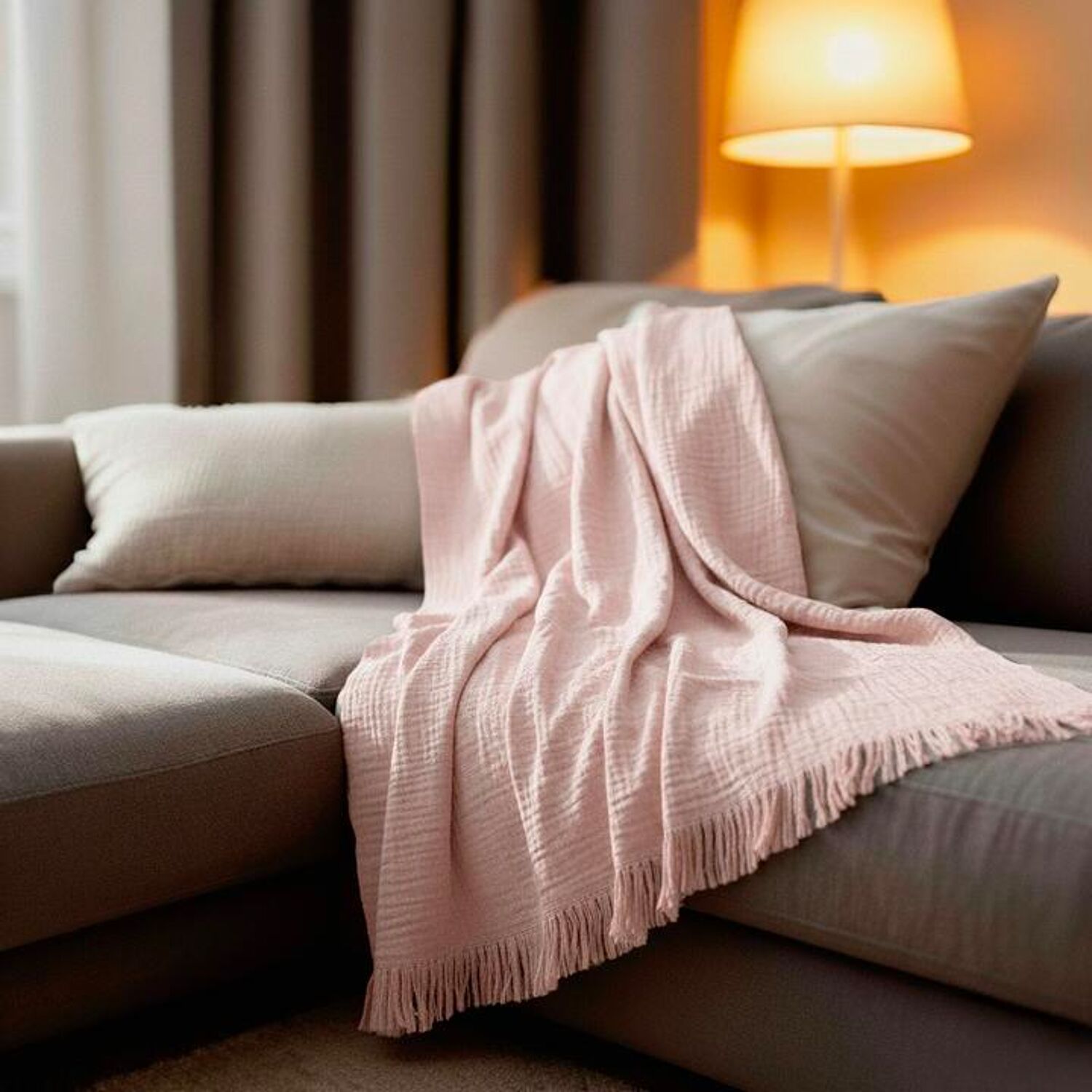 Manta xadrez rosa pálido 100% algodão com franjas 130x170cm BITALD