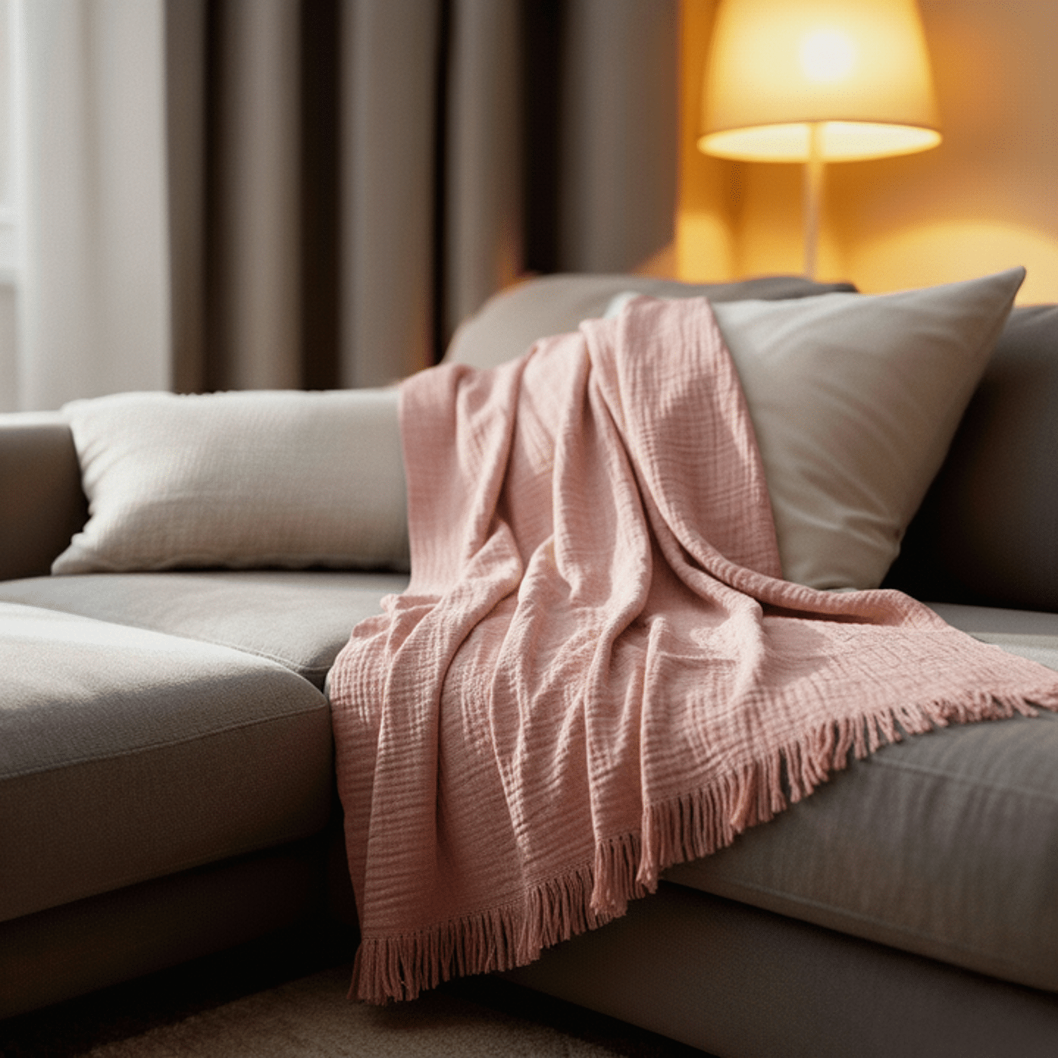 Couverture plaid 100% coton rose saumon avec franges 180x220cm BITALD