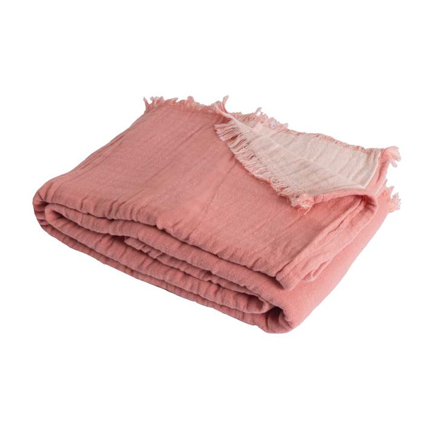 Couverture plaid 100% coton rose saumon avec franges 180x220cm BITALD