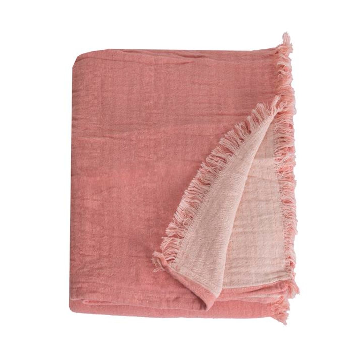 Couverture plaid 100% coton rose saumon avec franges 180x220cm BITALD