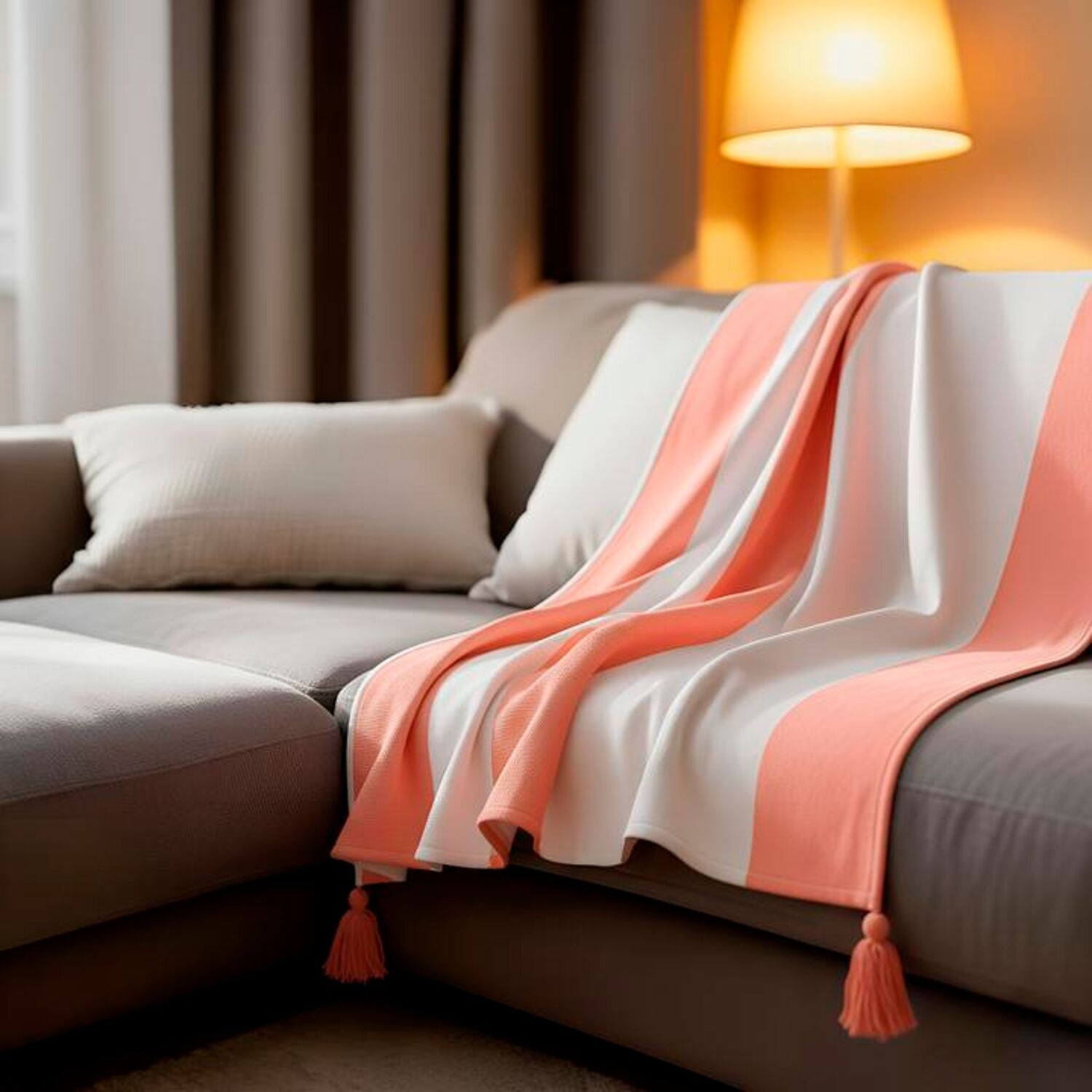 Manta 100% algodão rosa salmão xadrez com pompons 130x170cm SLAVANN