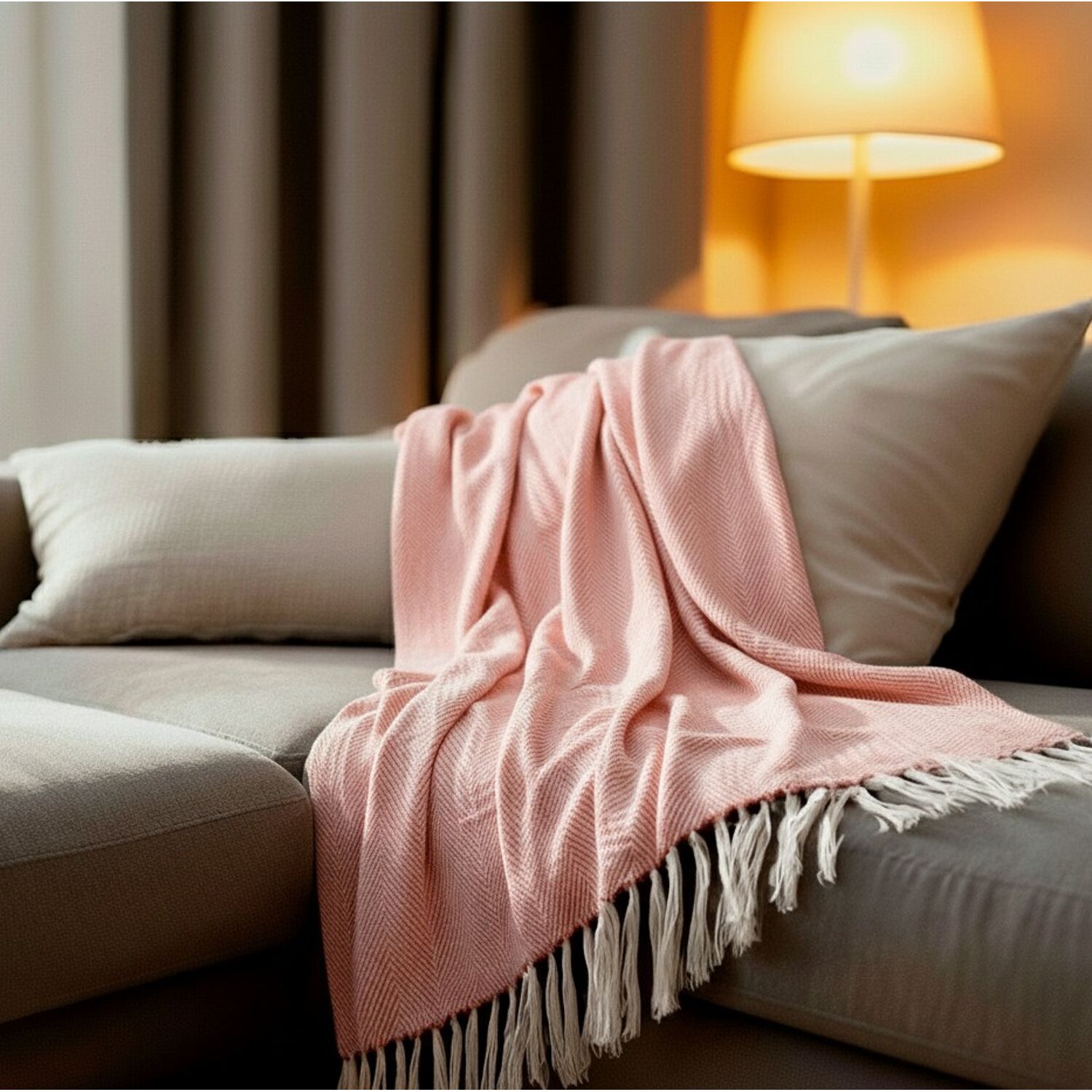 Manta 100% algodão rosa salmão xadrez com franjas 180x220cm ZIGORA