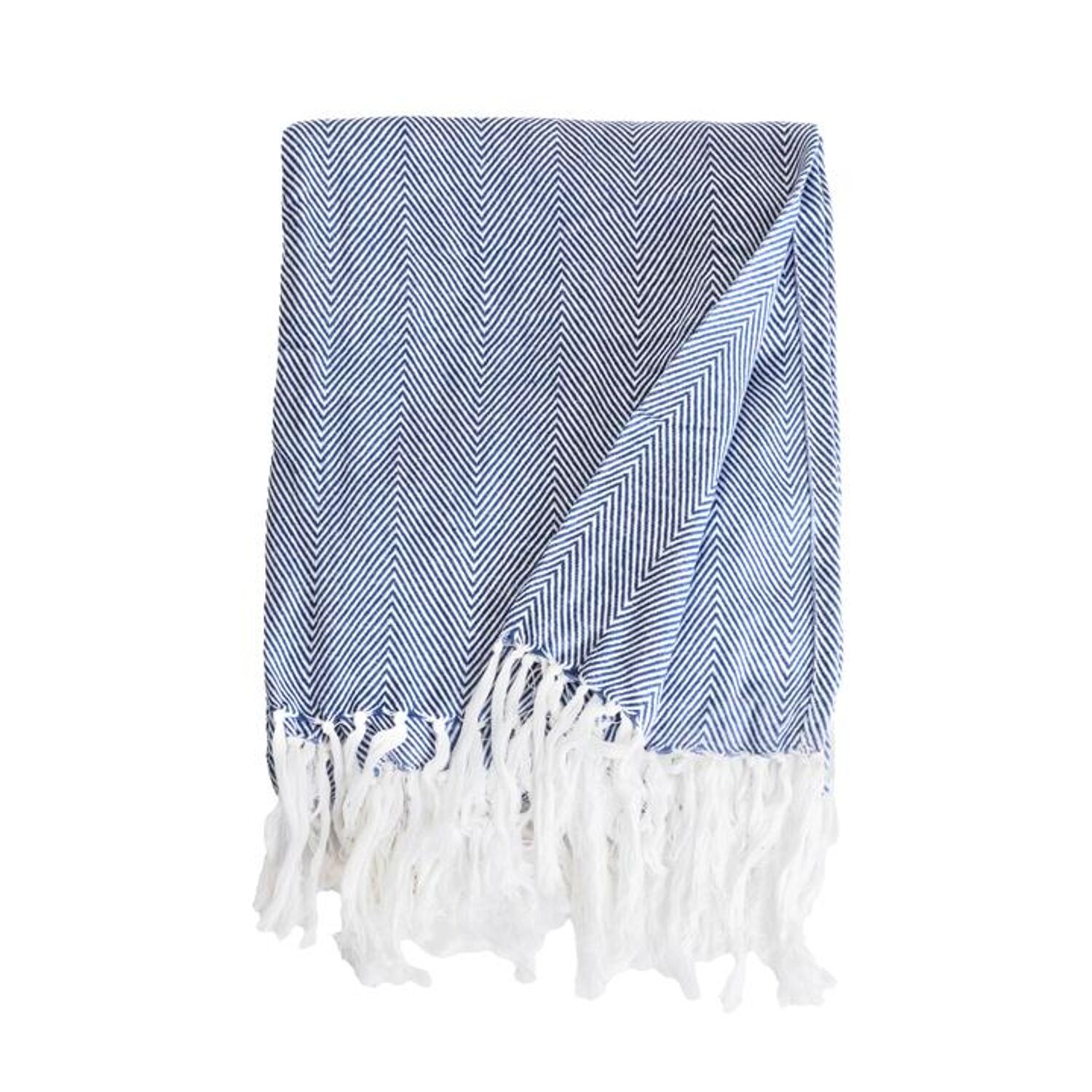 Couverture plaid 100% coton bleu marine avec franges 180x220cm ZIGORA