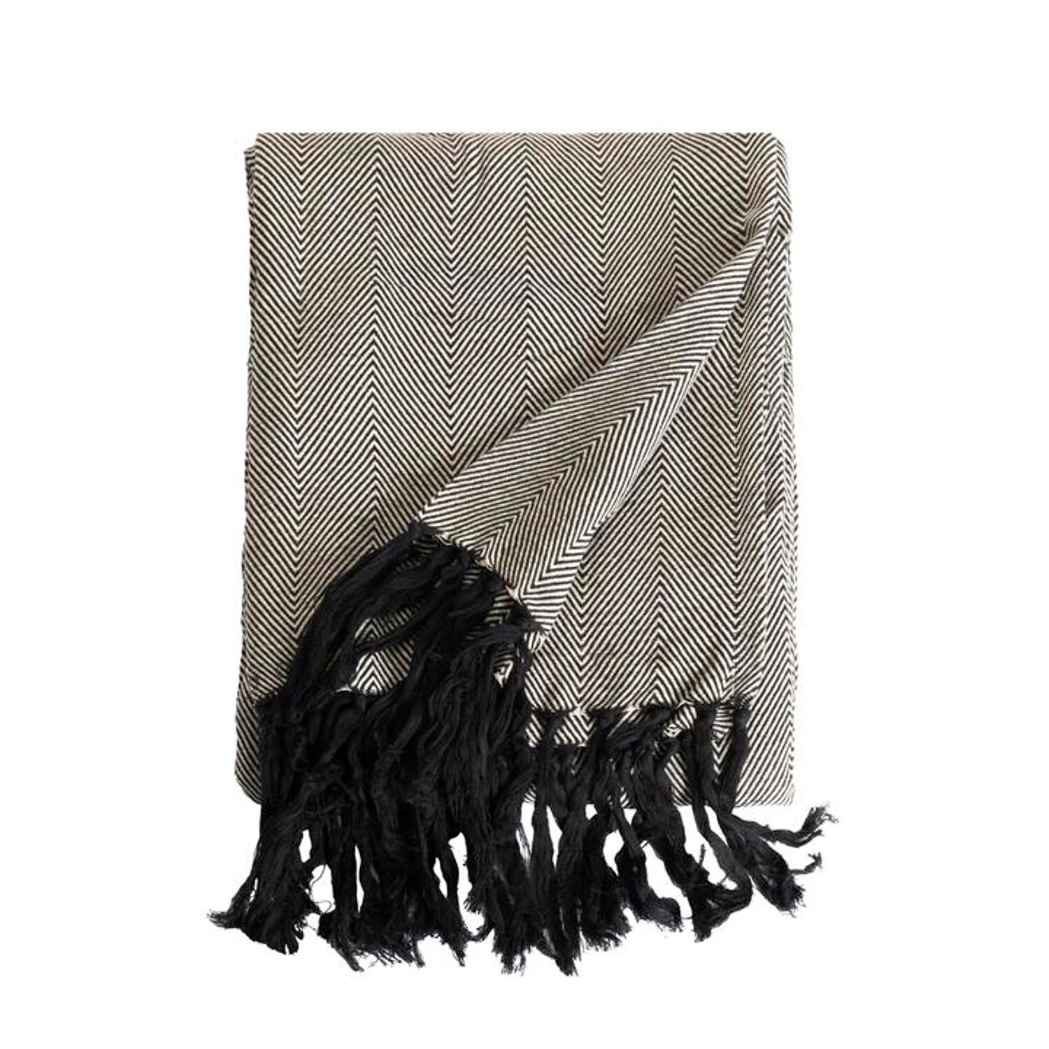 Couverture plaid 100% coton couleur noire avec franges 180x220cm ZIGORA