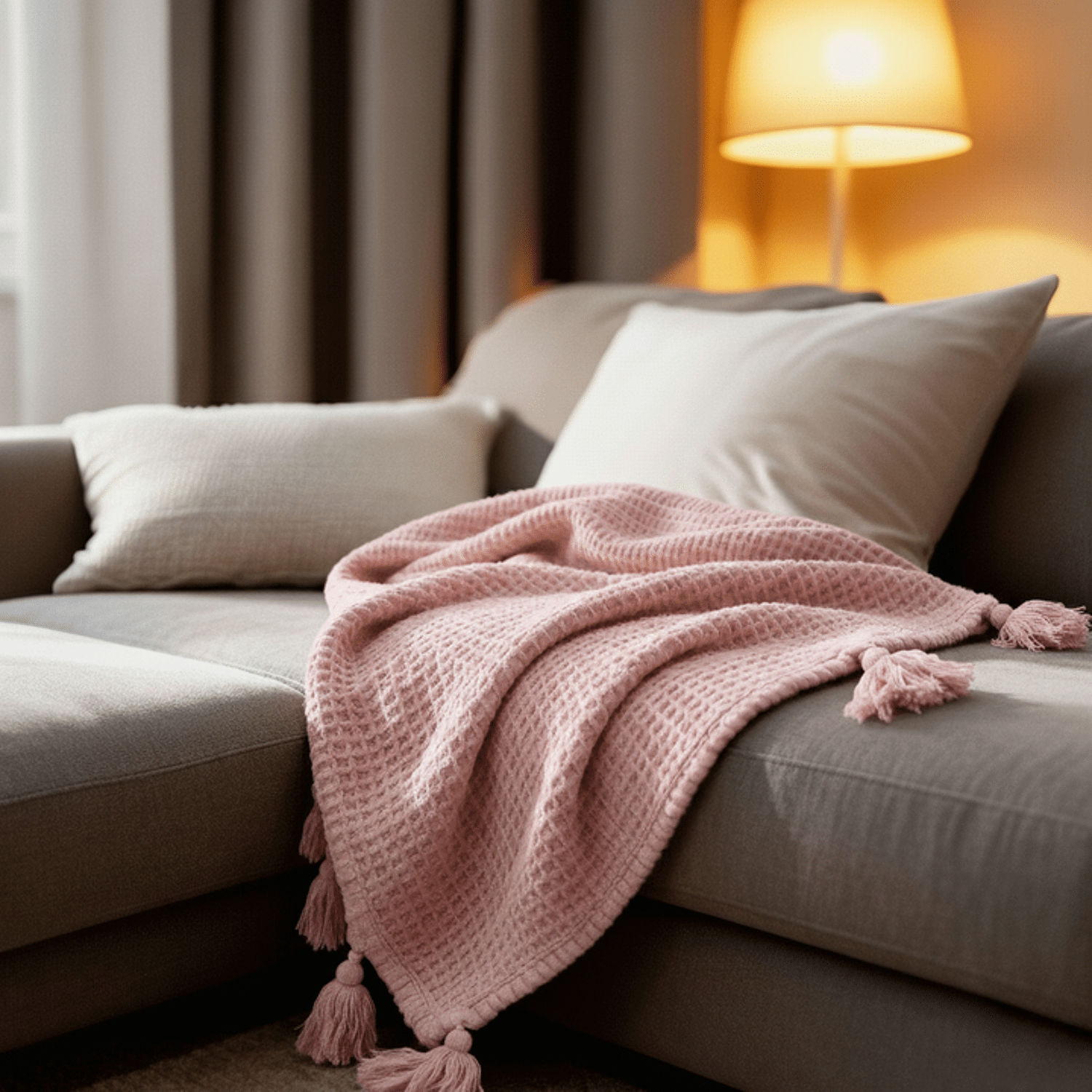 Couverture plaid 100% coton rose pâle avec pompons 130x170cm ARNISKA