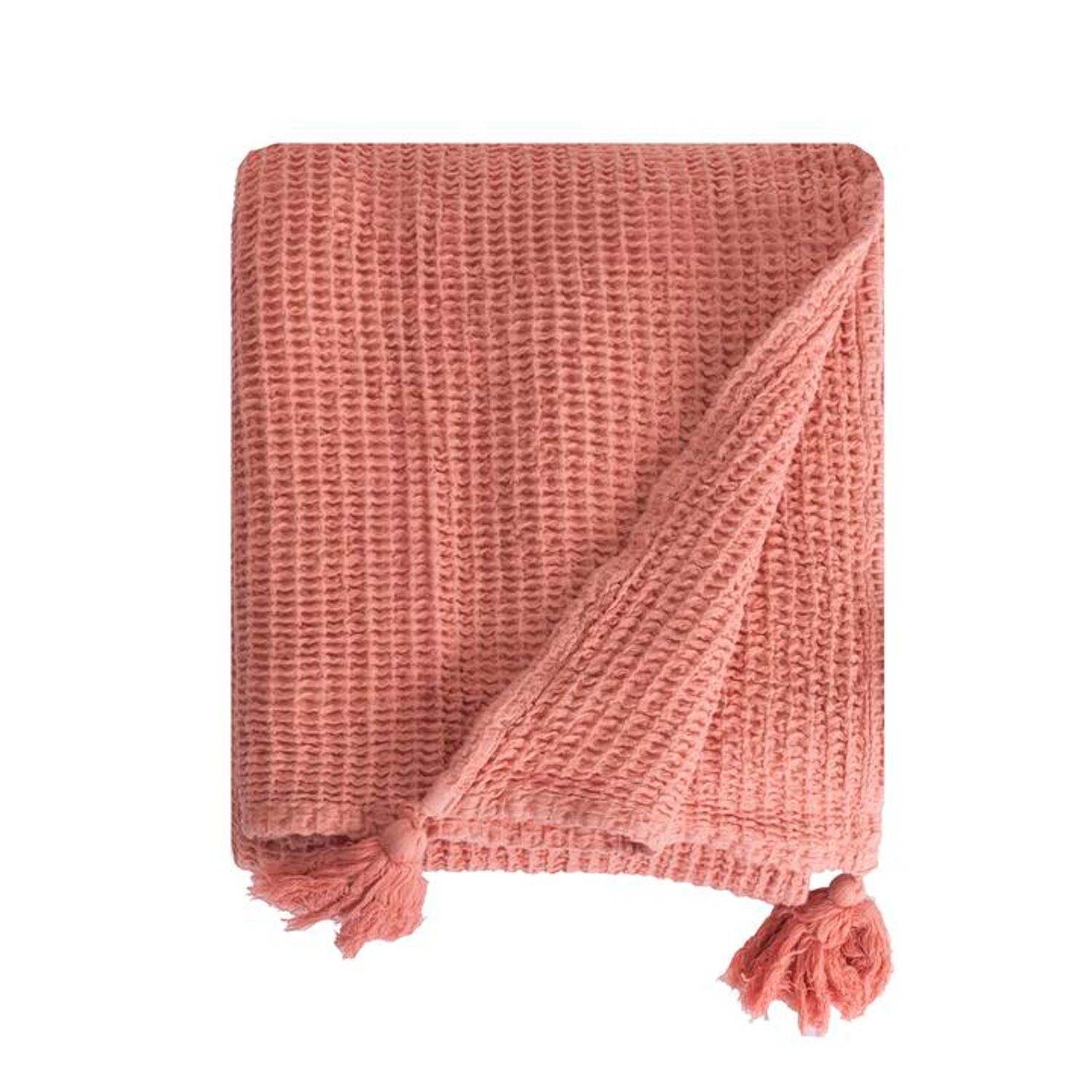 Plaid-Decke aus 100% Baumwolle lachsrosa mit Pompons 130x170cm ARNISKA