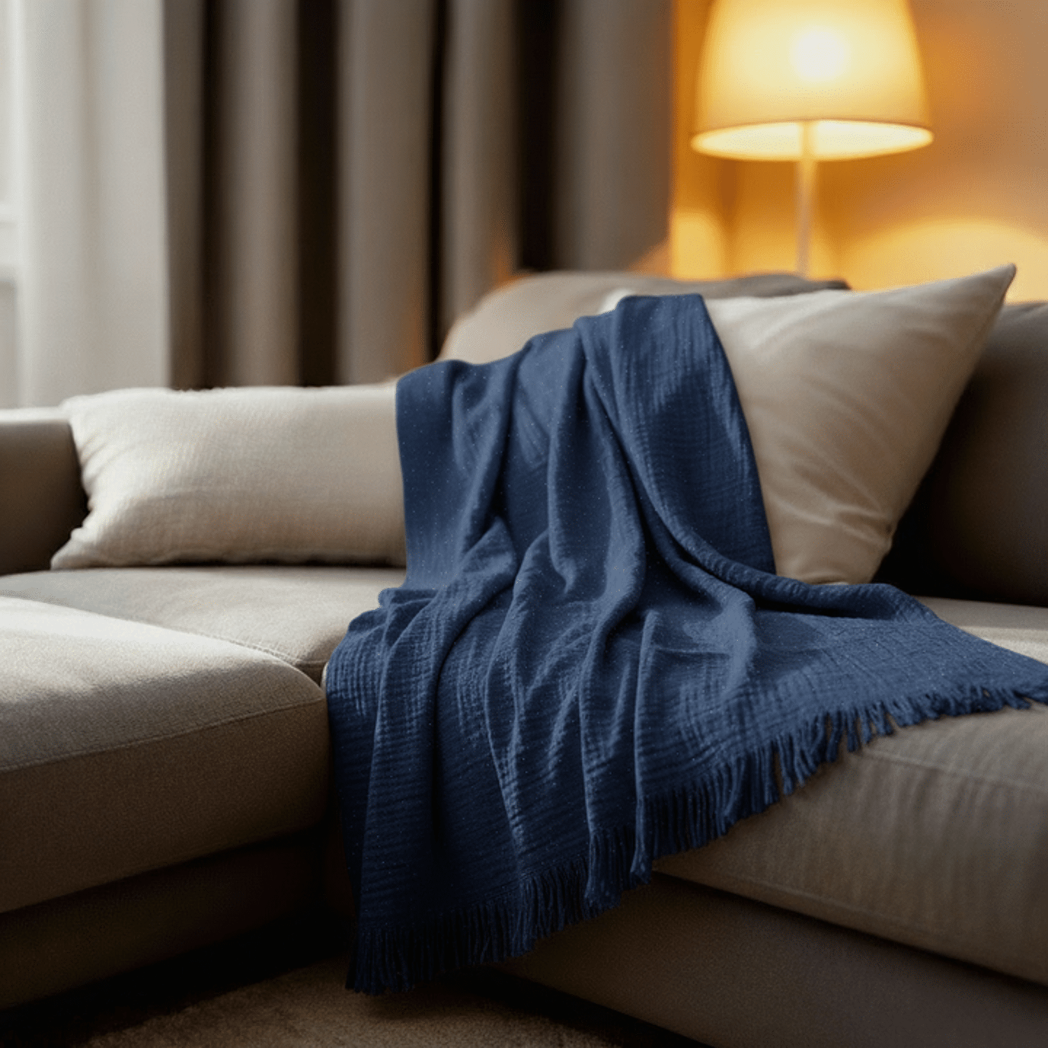 Couverture plaid 100% coton bleu marine avec franges 130x170cm BITALD