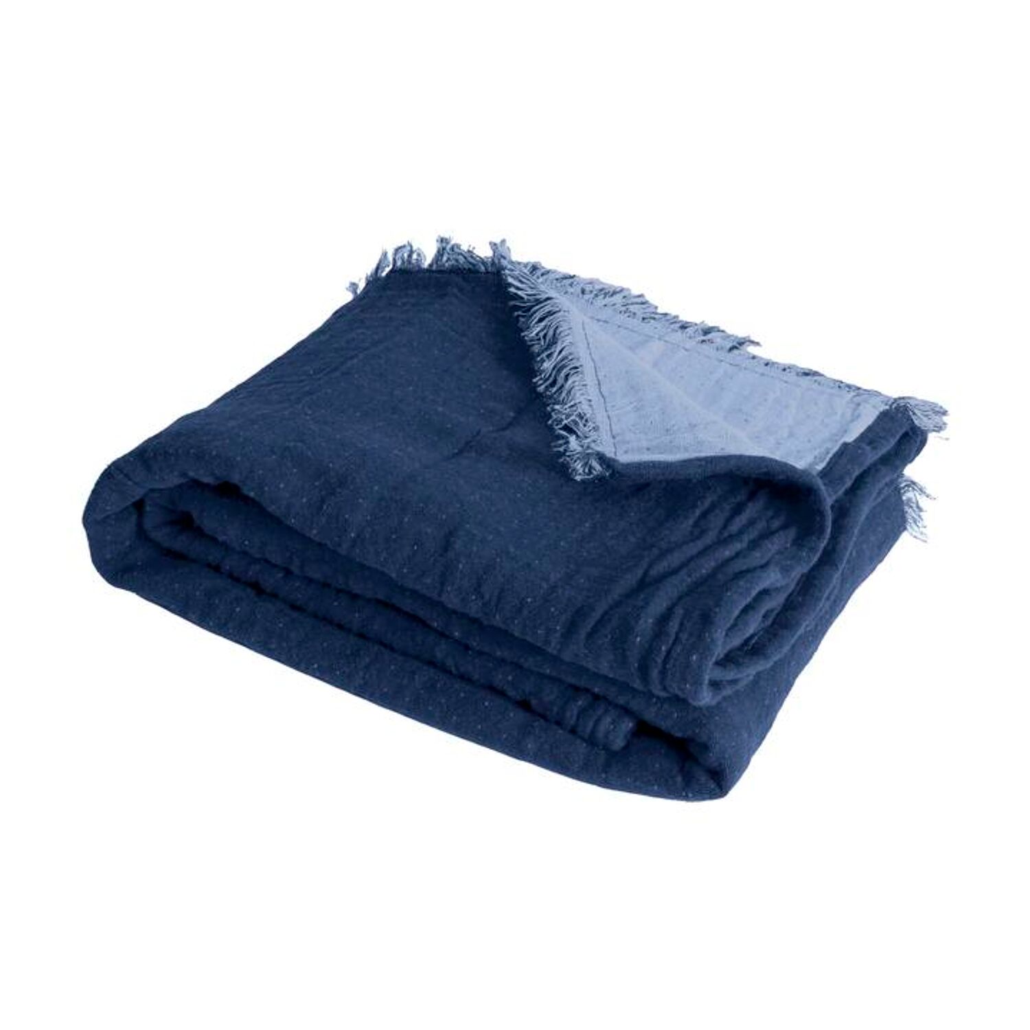 Couverture plaid 100% coton bleu marine avec franges 130x170cm BITALD