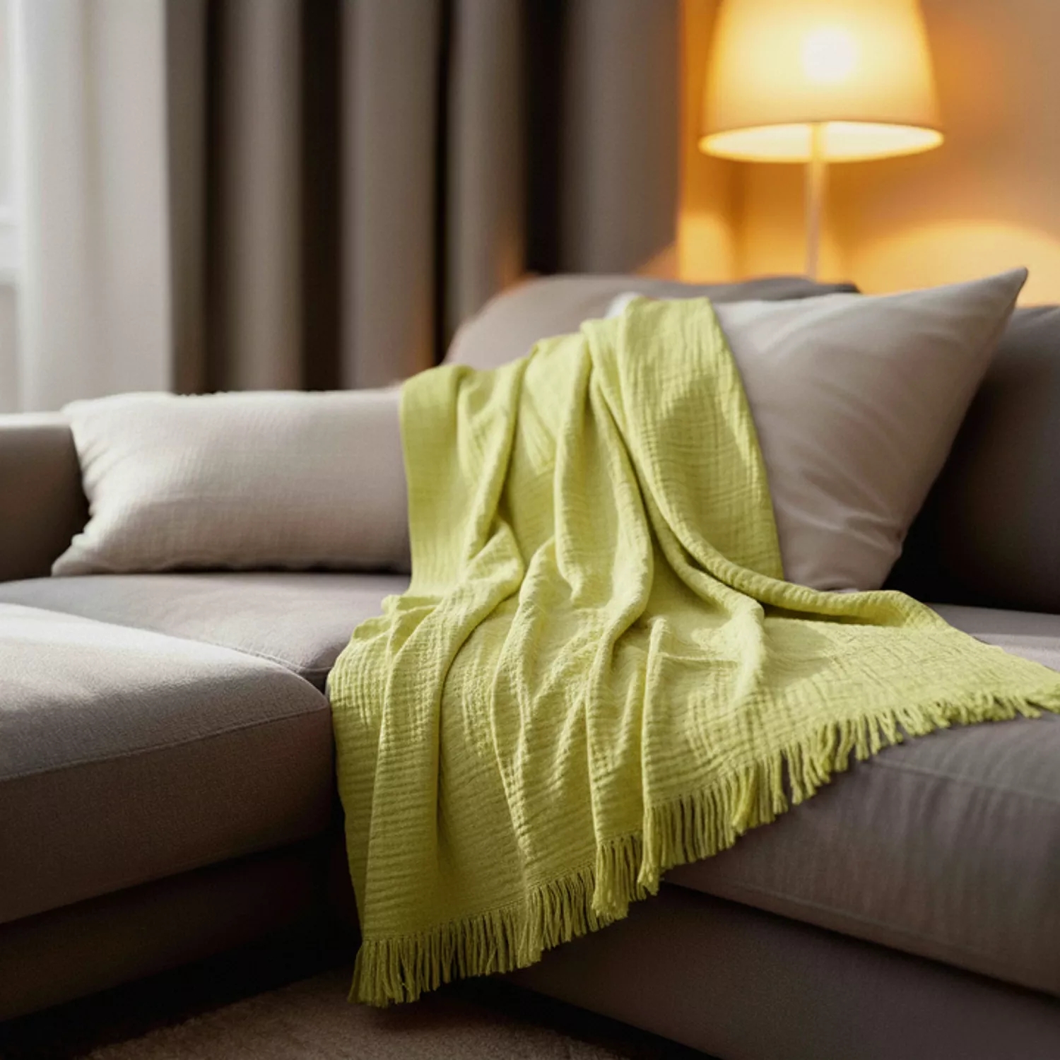 Geruite deken 100% katoen limegroen met franjes 130x170cm BITALD