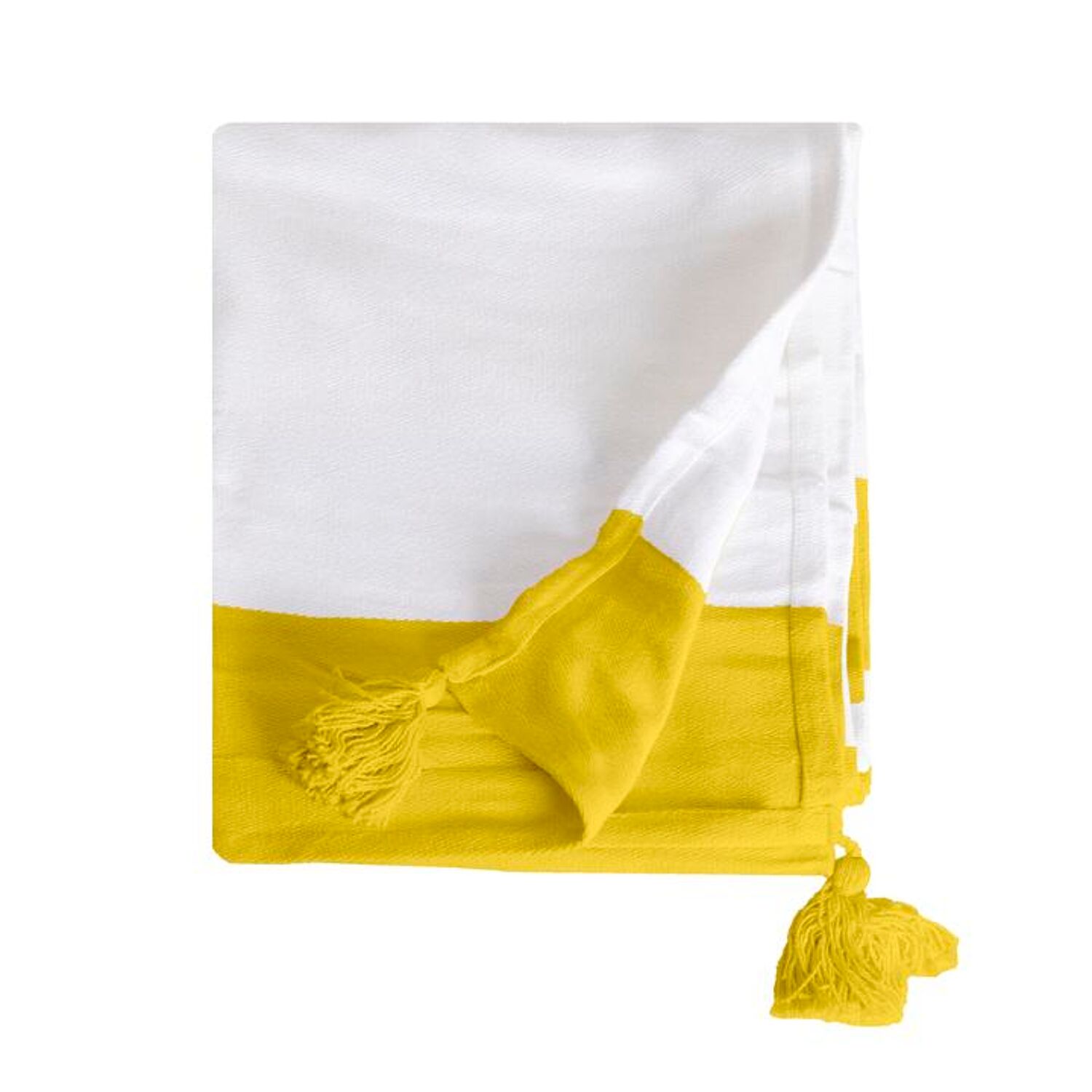 Plaid-Decke aus 100% Baumwolle gelb mit Pompons 130x170cm SLAVANN