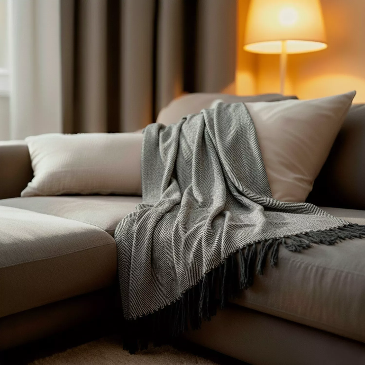 Cobertor de lã ZIGORA em algodão 100% - Preto com franjas 180x220 cm