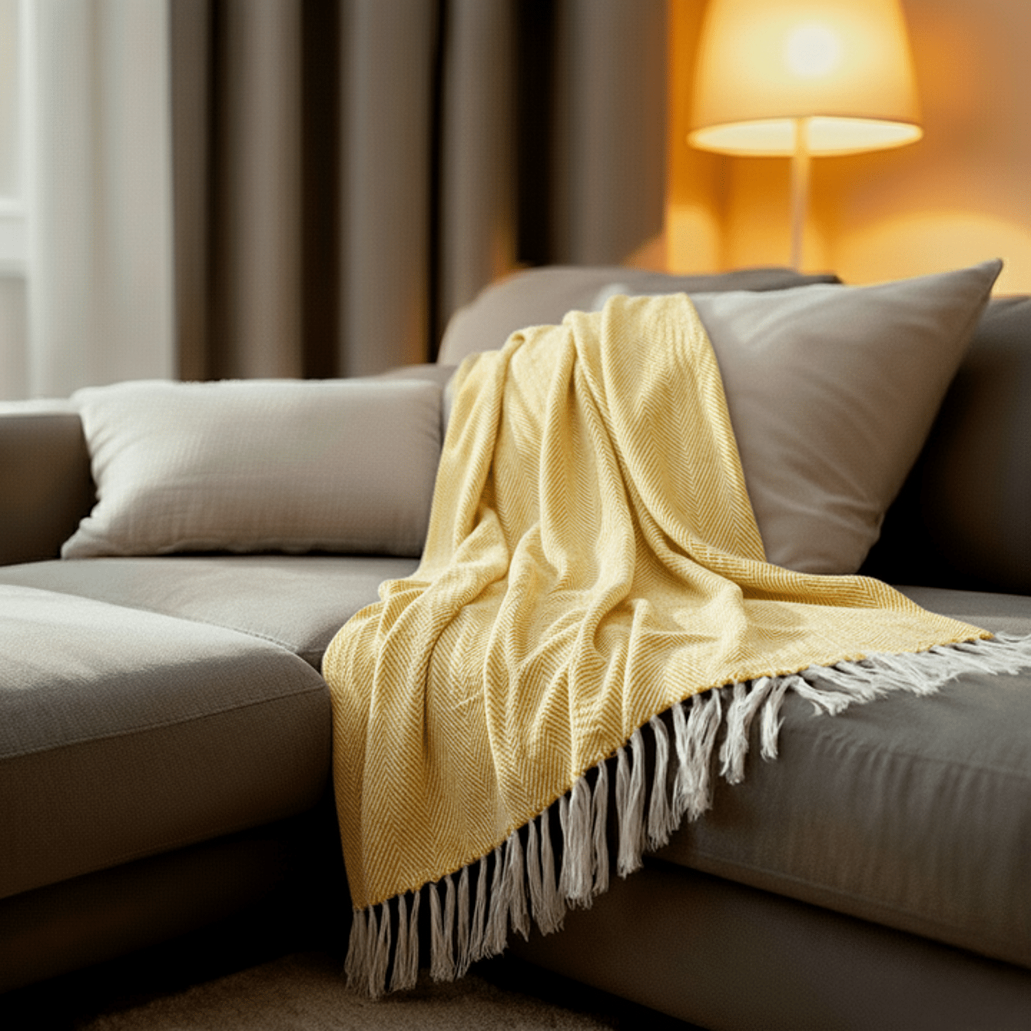 100% cotone plaid giallo con frange 180x220cm ZIGORA