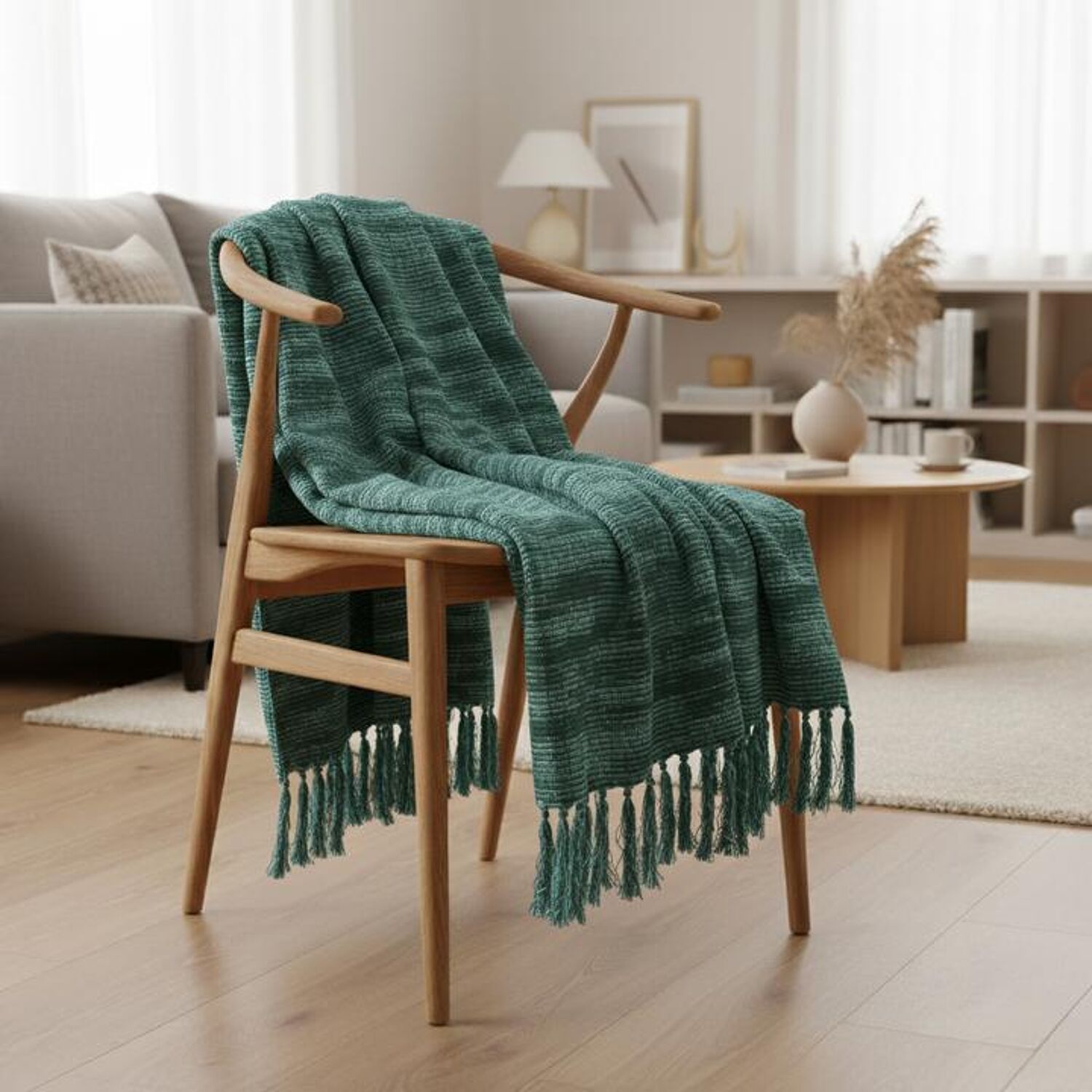 Blau-grüne Plaid-Decke mit Fransen 130x170cm ANEVIK