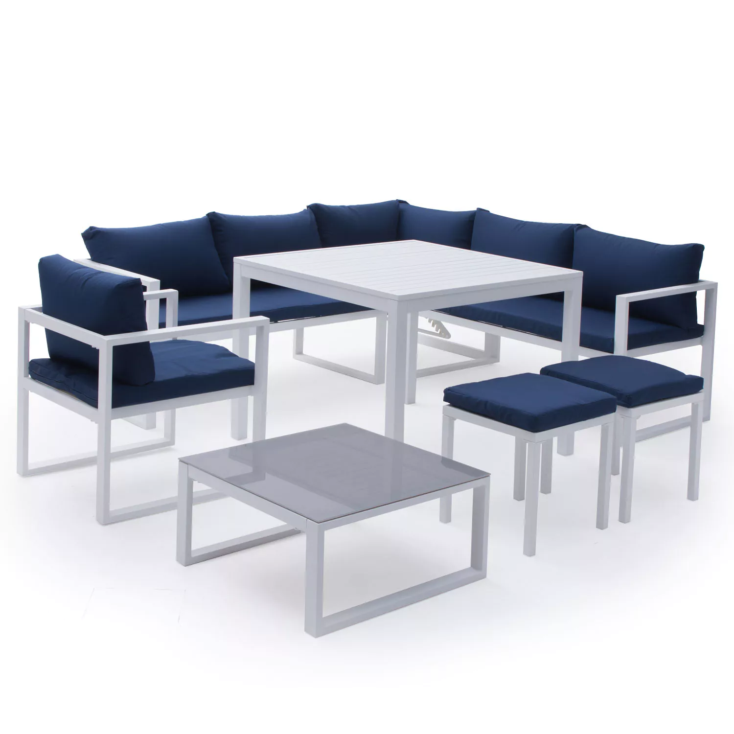 Set di mobili da giardino componibili IBIZA in tessuto blu, 7 posti a sedere - alluminio bianco