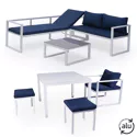 Set di mobili da giardino componibili IBIZA in tessuto blu, 7 posti a sedere - alluminio bianco
