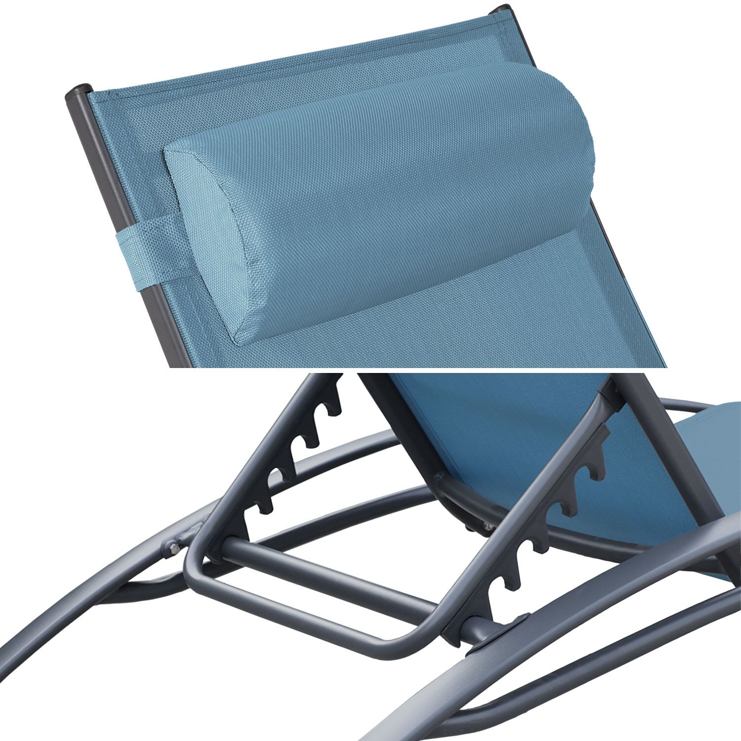 Lot de 2 transats GALAPAGOS en textilène bleu gris - aluminium gris anthracite