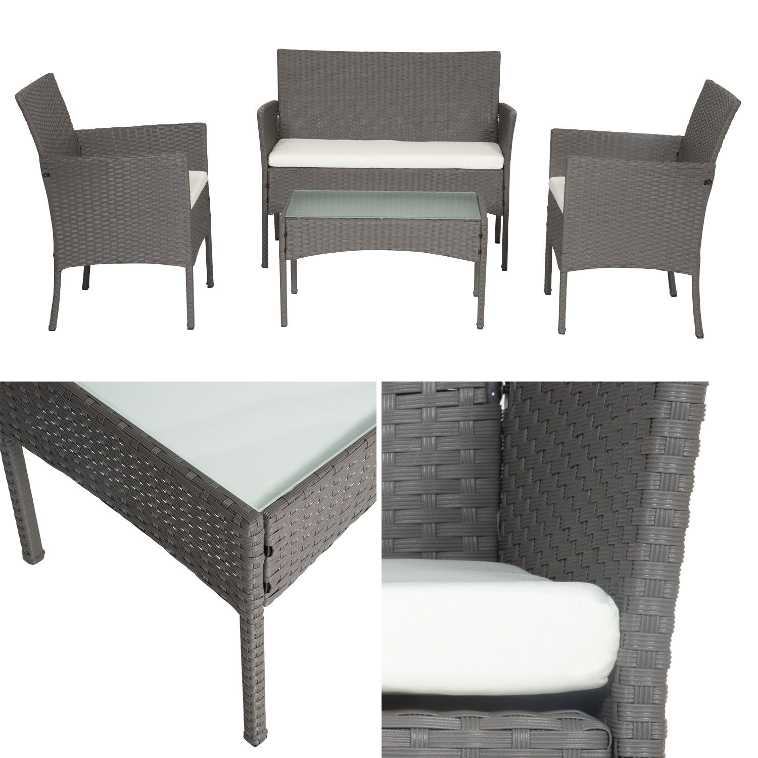 Tuinmeubelen CORDOUE van gevlochten kunststof grijs 4 zitplaatsen - ivoorkleurige kussens