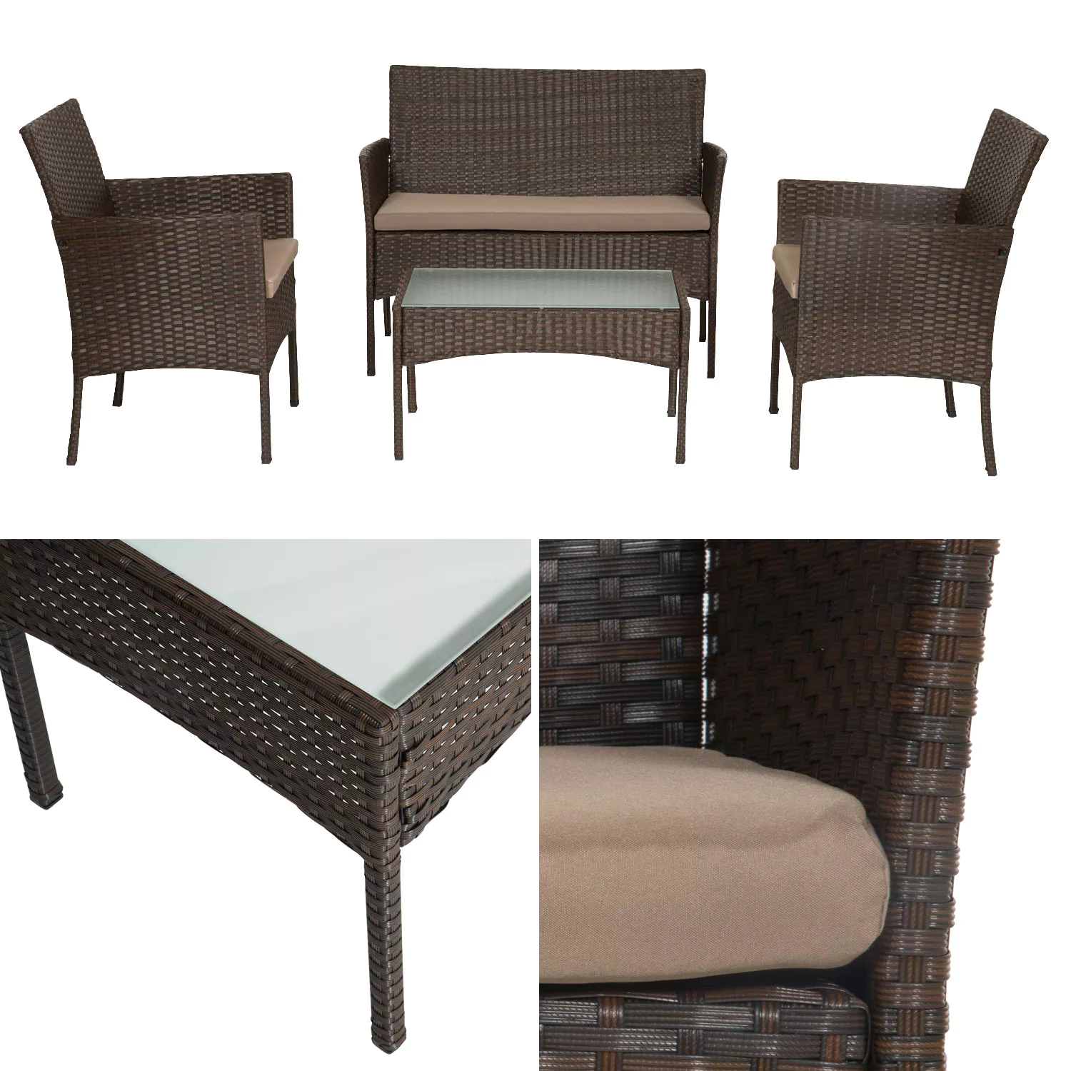 Salon de jardin CORDOUE en résine tressée marron 4 places - coussins taupe