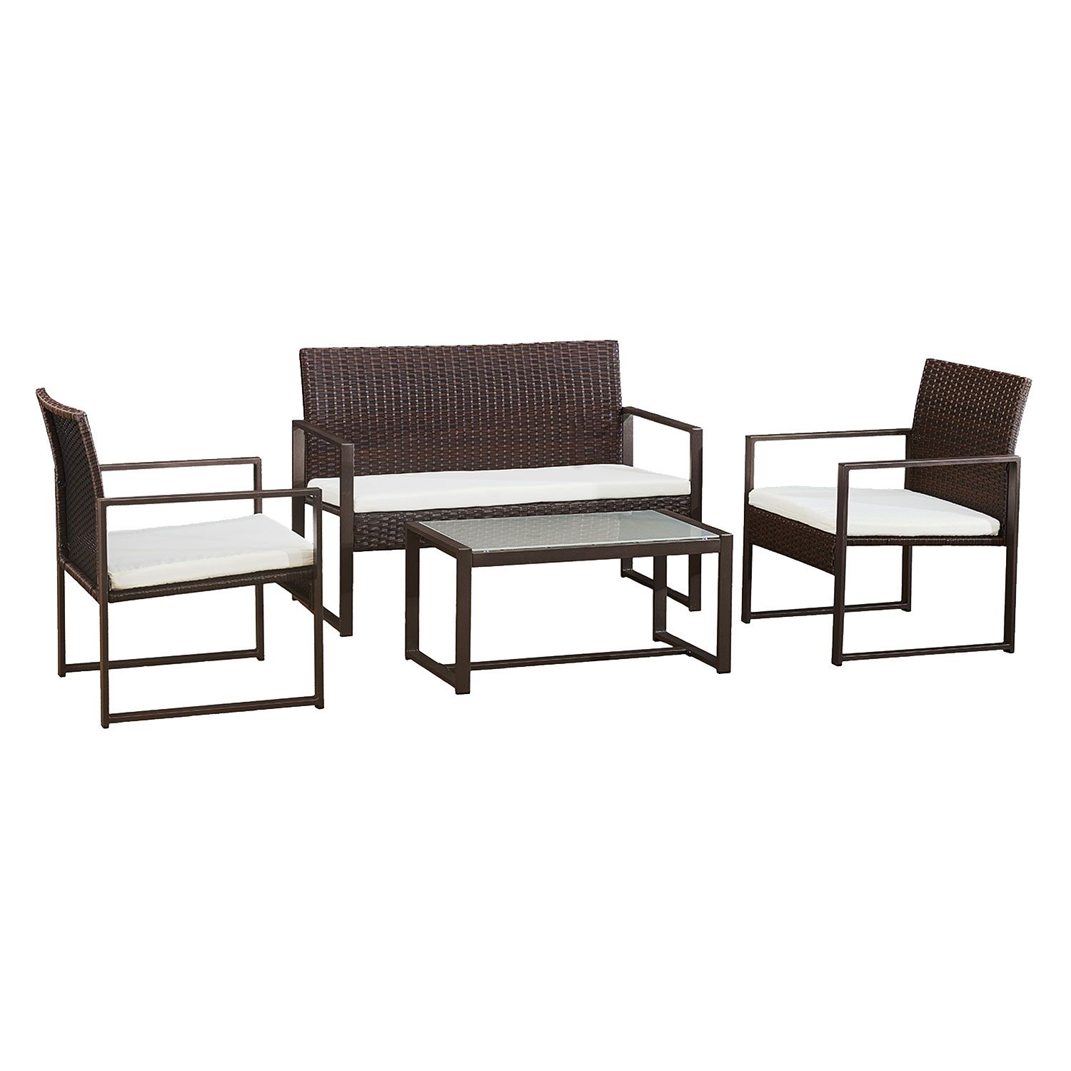 MAJORQUE tuinmeubelset in bruin gevlochten kunststof - 4 zitplaatsen - ivoorkleurige kussens