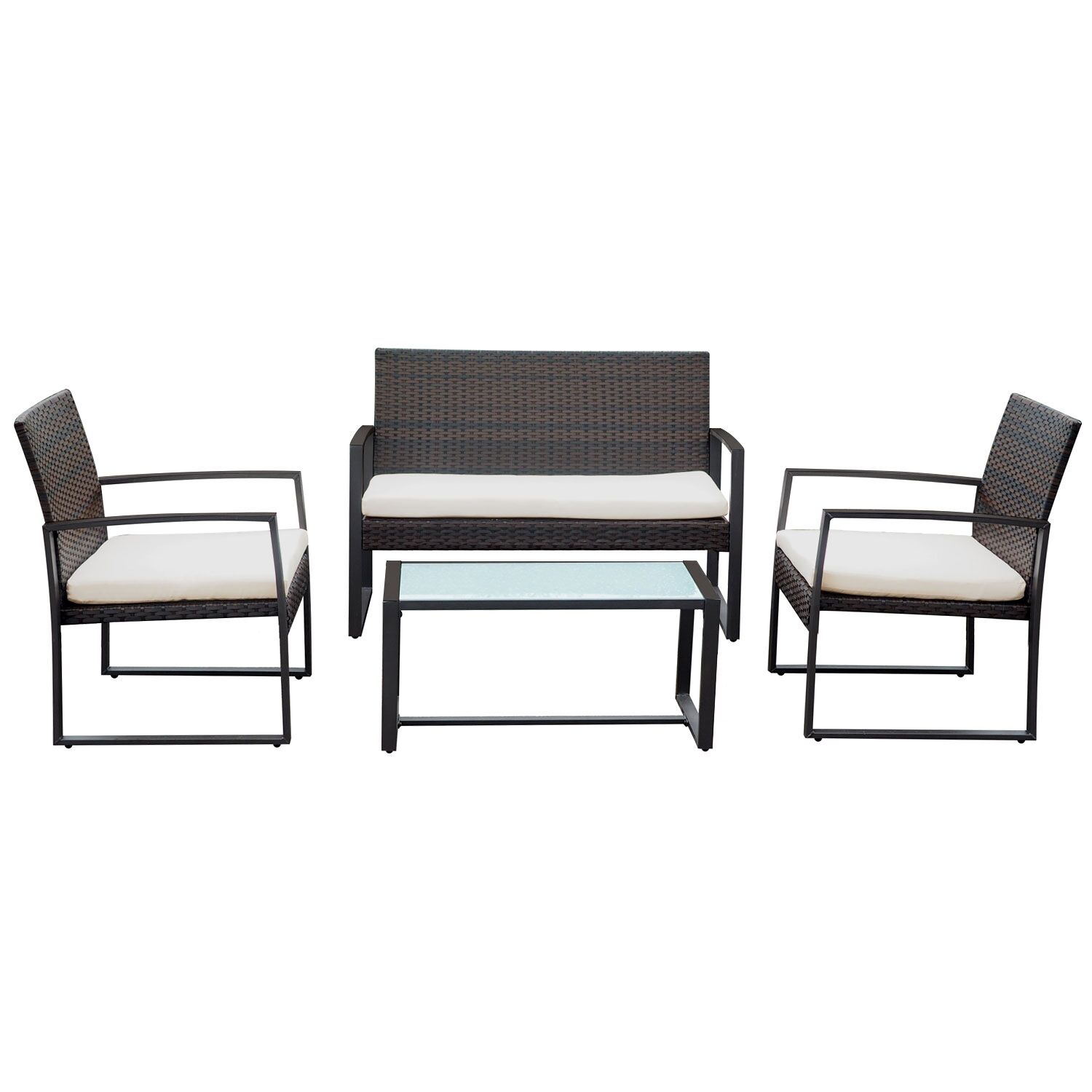 MAJORQUE tuinmeubelset in bruin gevlochten kunststof - 4 zitplaatsen - ivoorkleurige kussens