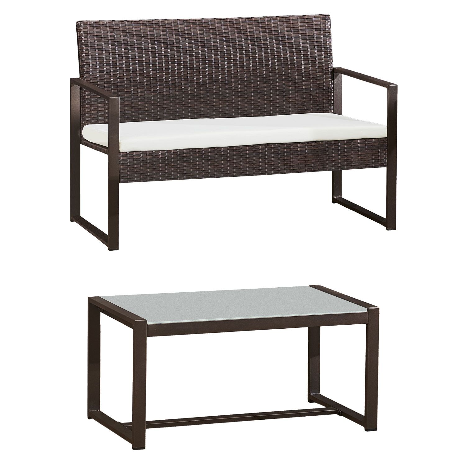 MAJORQUE tuinmeubelset in bruin gevlochten kunststof - 4 zitplaatsen - ivoorkleurige kussens