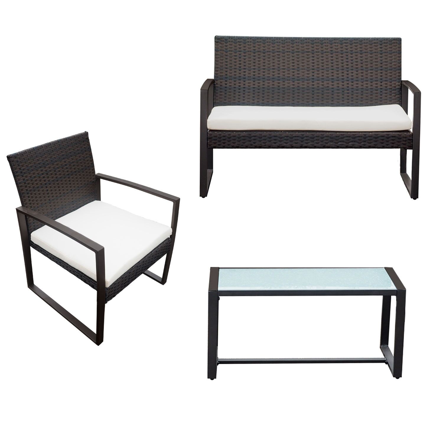 MAJORQUE tuinmeubelset in bruin gevlochten kunststof - 4 zitplaatsen - ivoorkleurige kussens