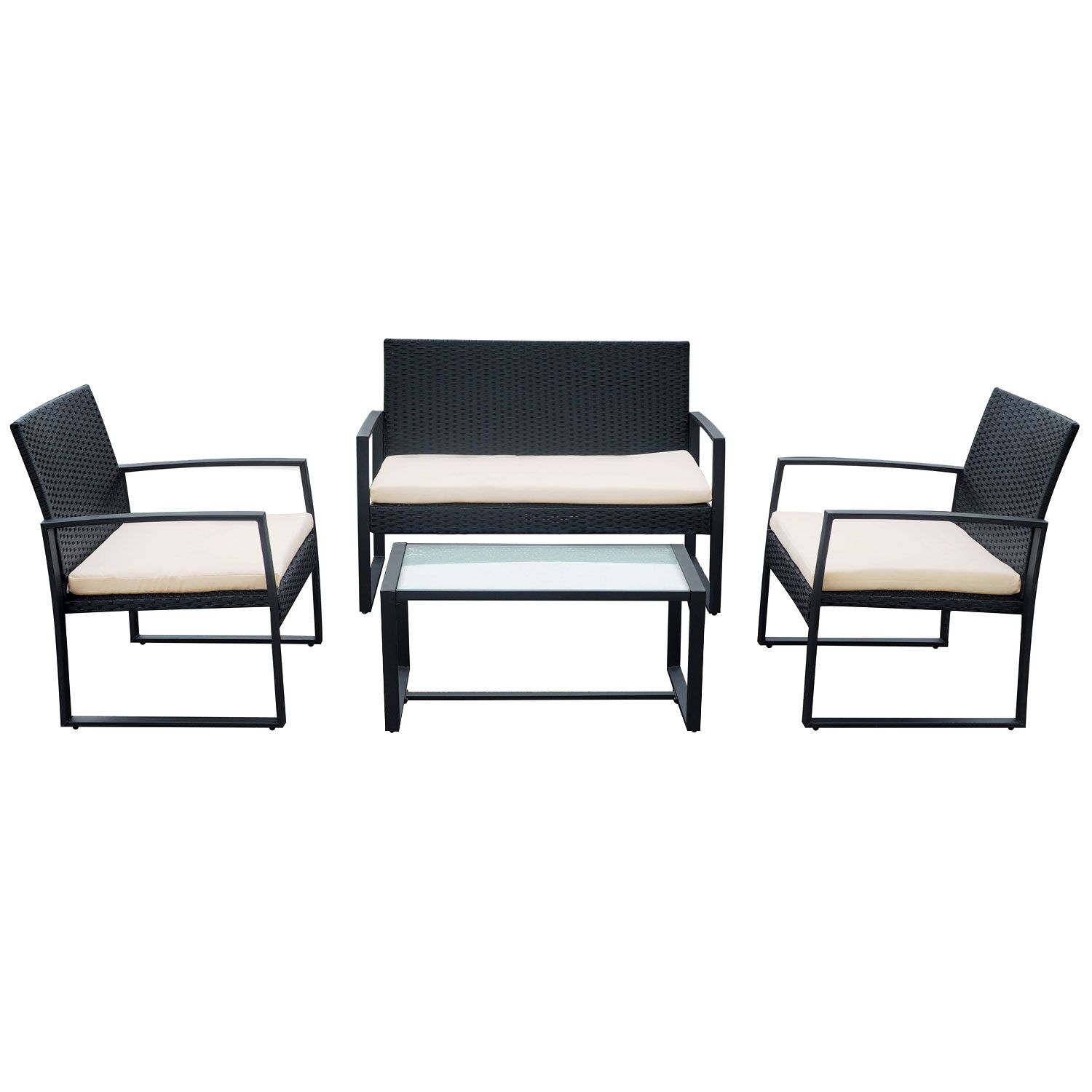 MAJORQUE tuinmeubelset in zwart gevlochten kunststof - ivoorkleurige kussens