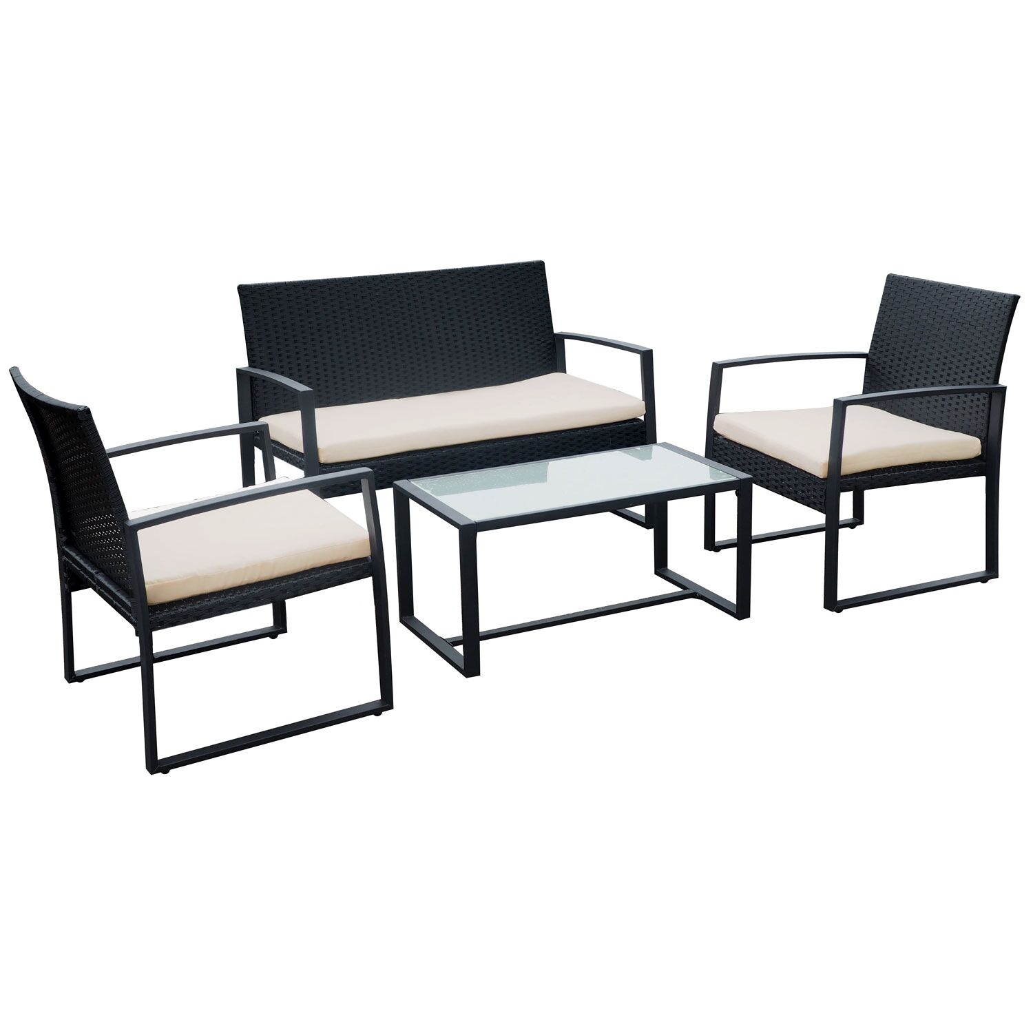 MAJORQUE tuinmeubelset in zwart gevlochten kunststof - ivoorkleurige kussens