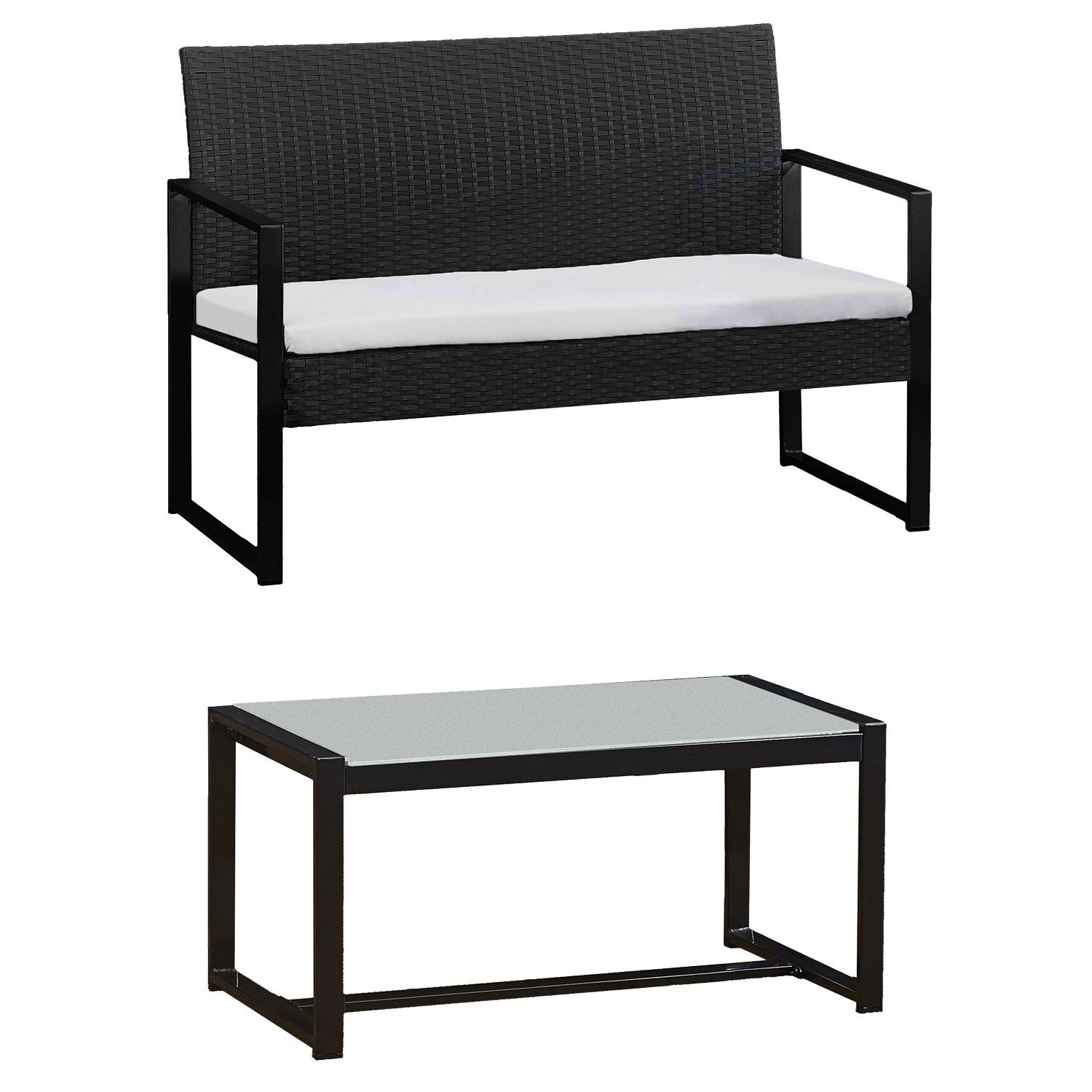 MAJORQUE tuinmeubelset in zwart gevlochten kunststof - ivoorkleurige kussens