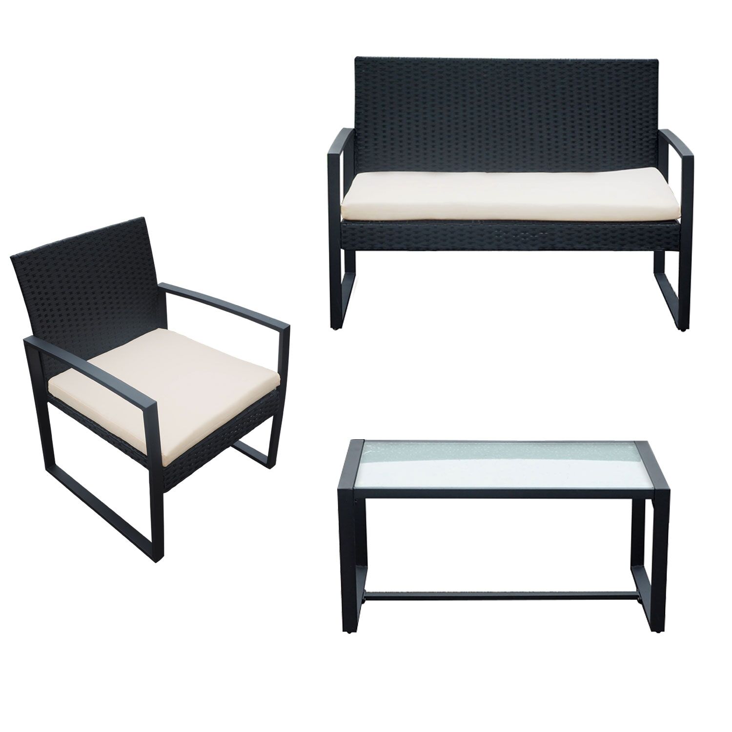 MAJORQUE tuinmeubelset in zwart gevlochten kunststof - ivoorkleurige kussens