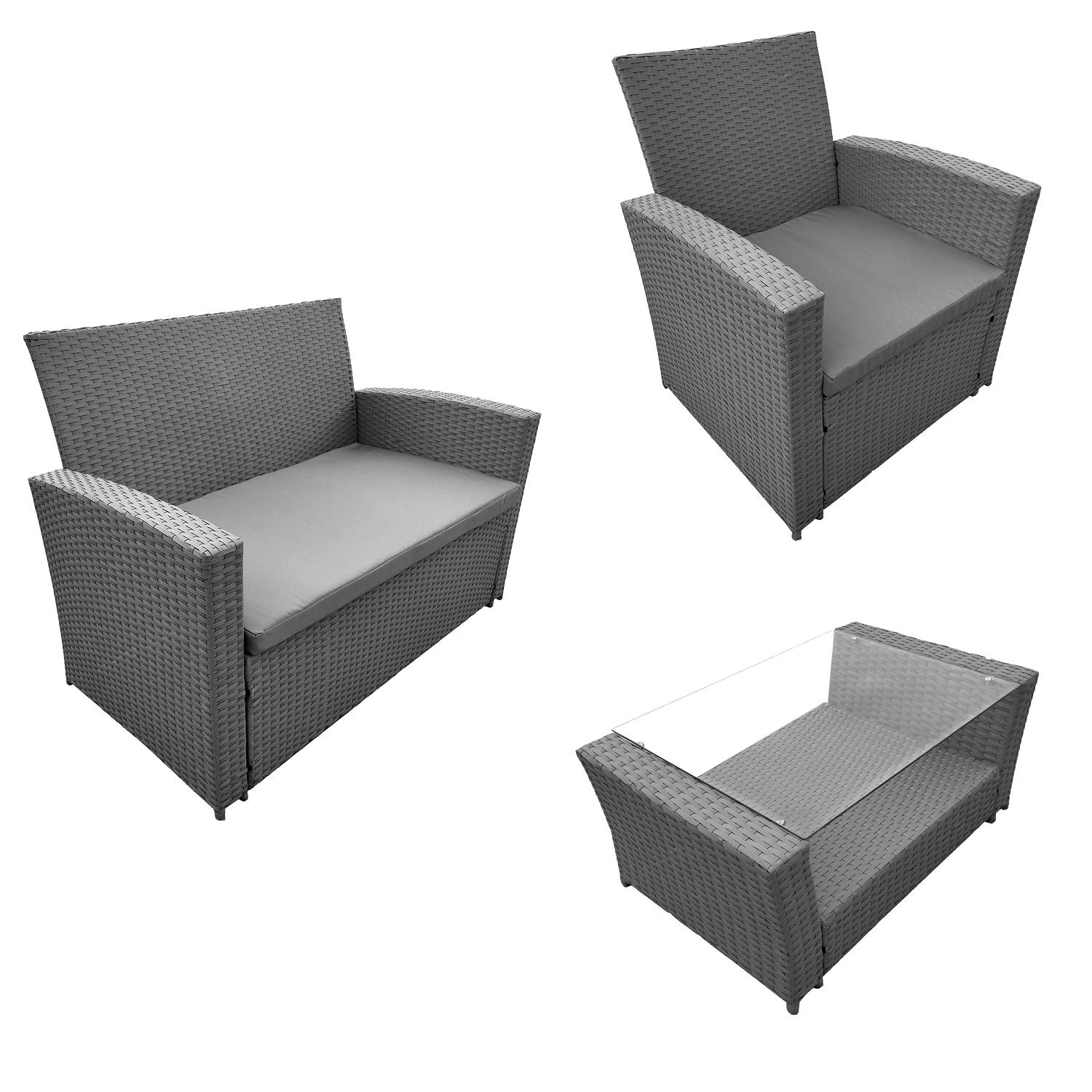 Salon de jardin COMINO en résine tressée grise 4 places - coussins gris