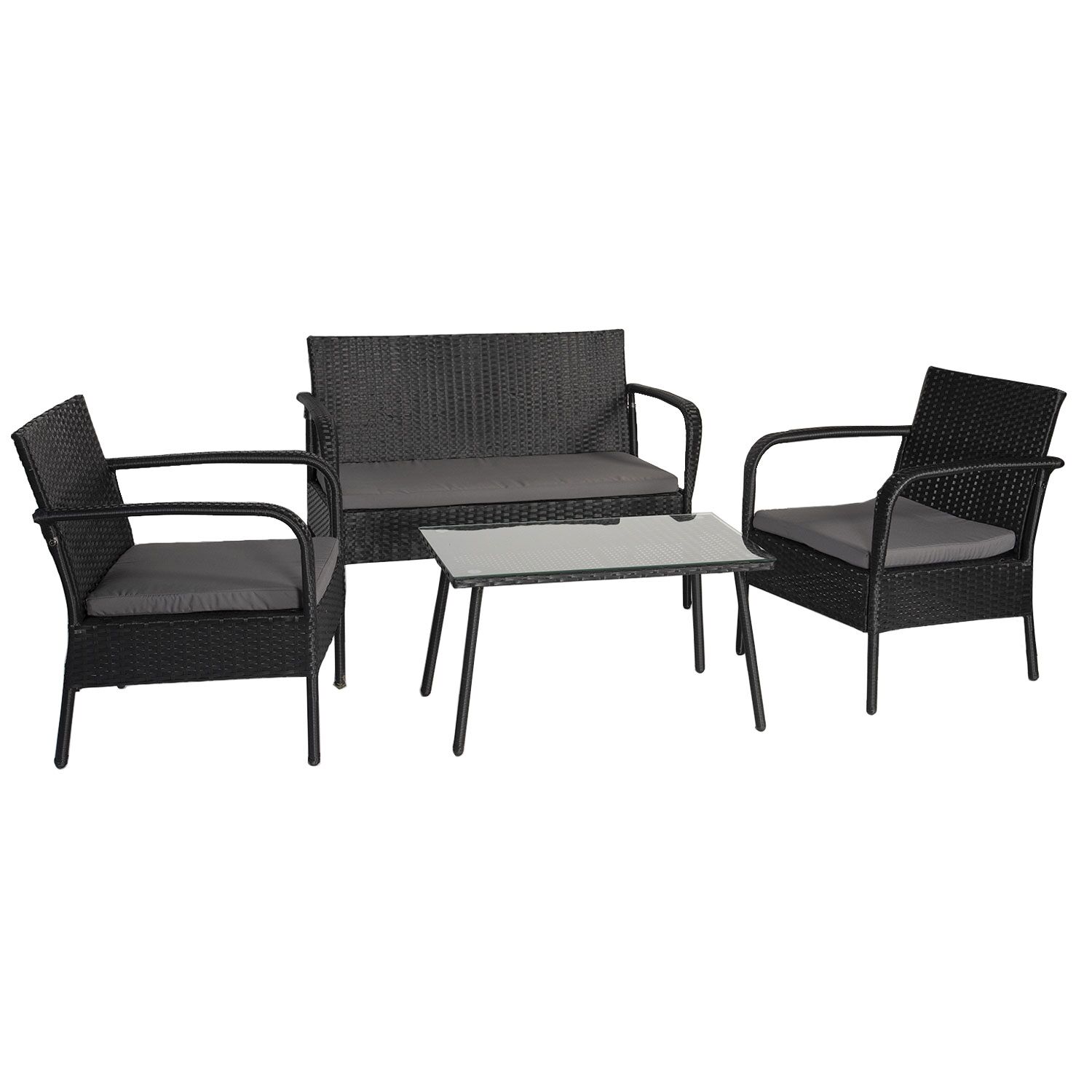 LIPARI tuinmeubelset in zwart gevlochten kunststof - grijze kussens