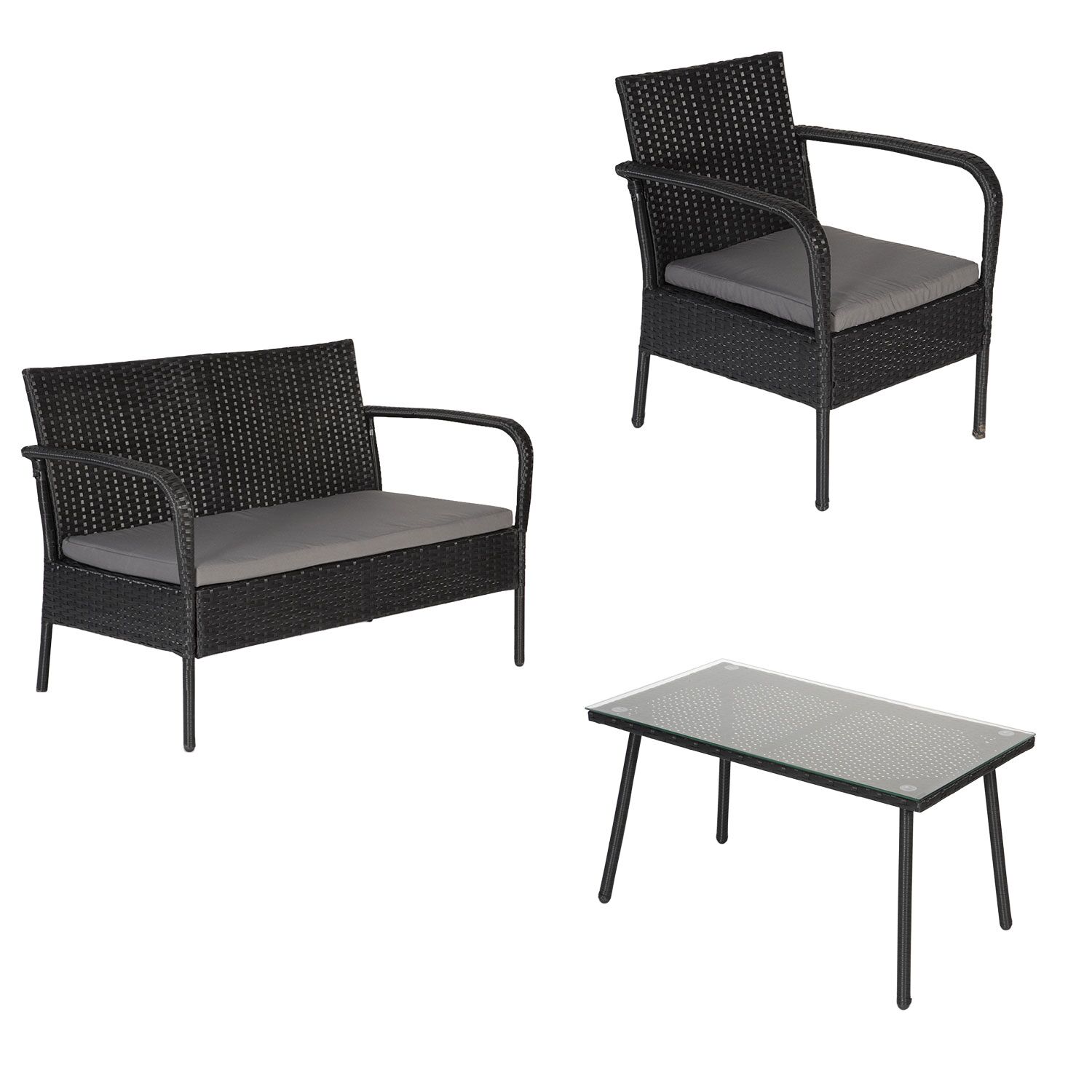 LIPARI tuinmeubelset in zwart gevlochten kunststof - grijze kussens