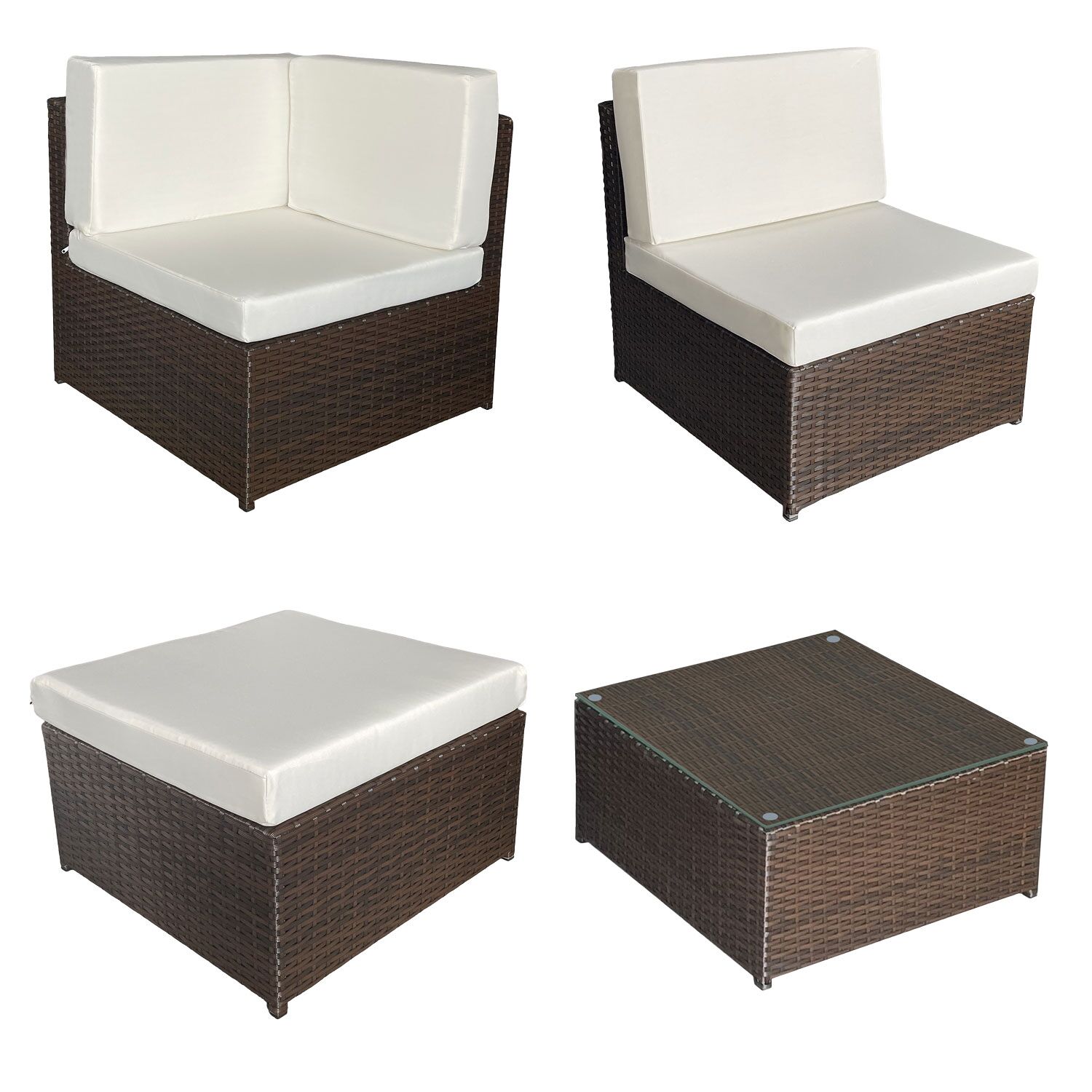 Salon de jardin BONIFACIO en résine tressée marron 6 places - coussin ivoire