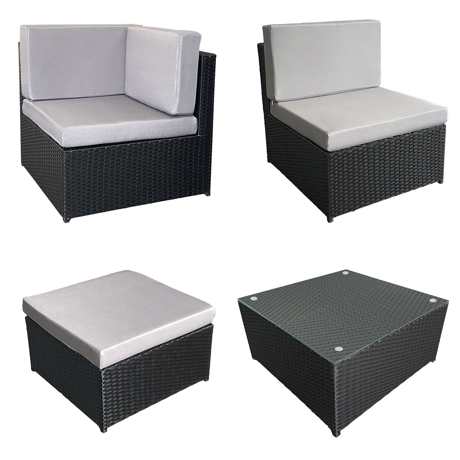 Gartenmöbel BONIFACIO aus schwarzem Harzgeflecht 6 Sitzplätze - graues Kissen