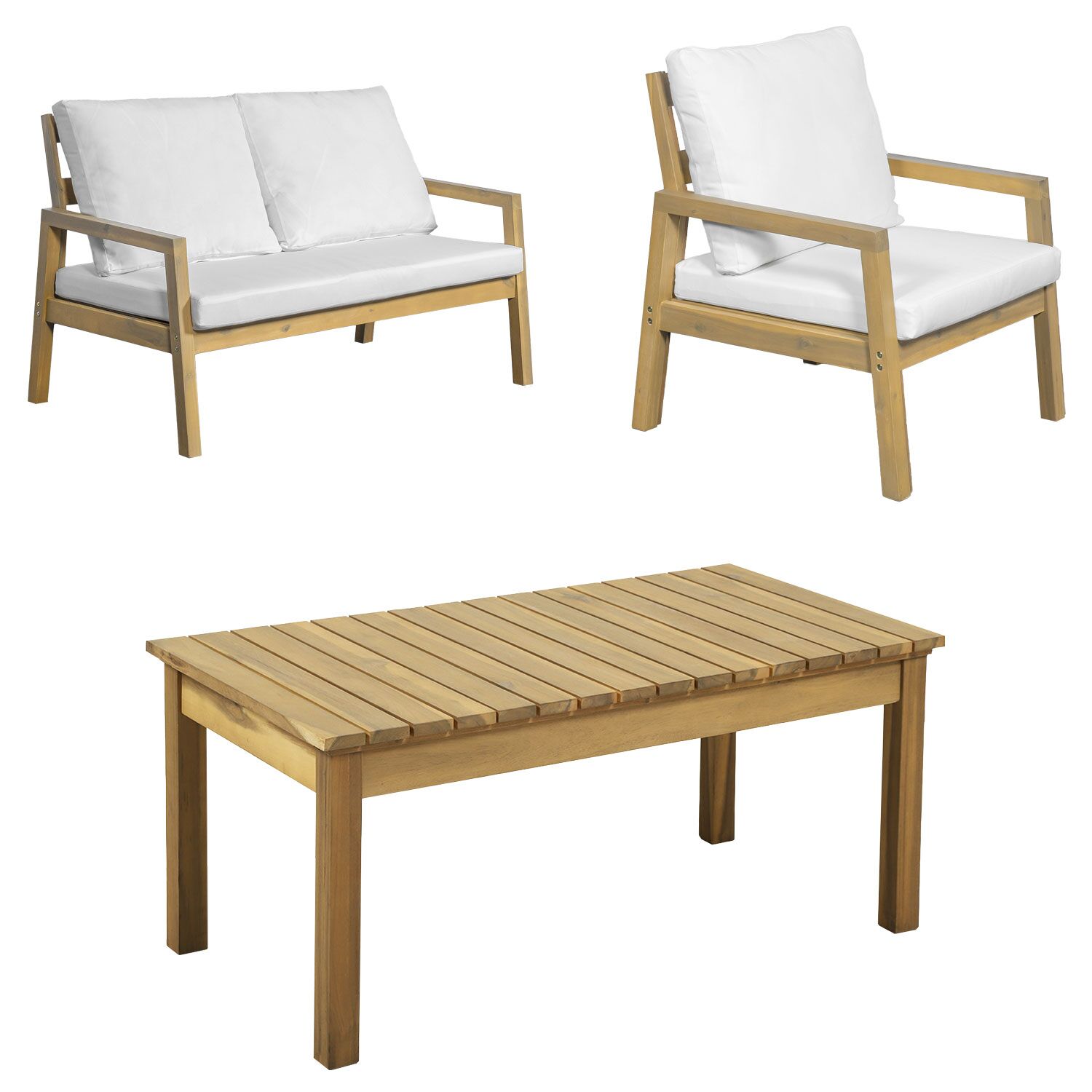 Salon de jardin ARUBA en acacia 4 places - coussins crème