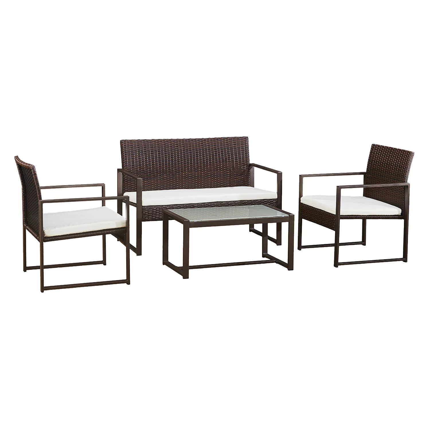 MAJORQUE tuinmeubelset in bruin gevlochten kunststof - 4 zitplaatsen - ivoorkleurige kussens