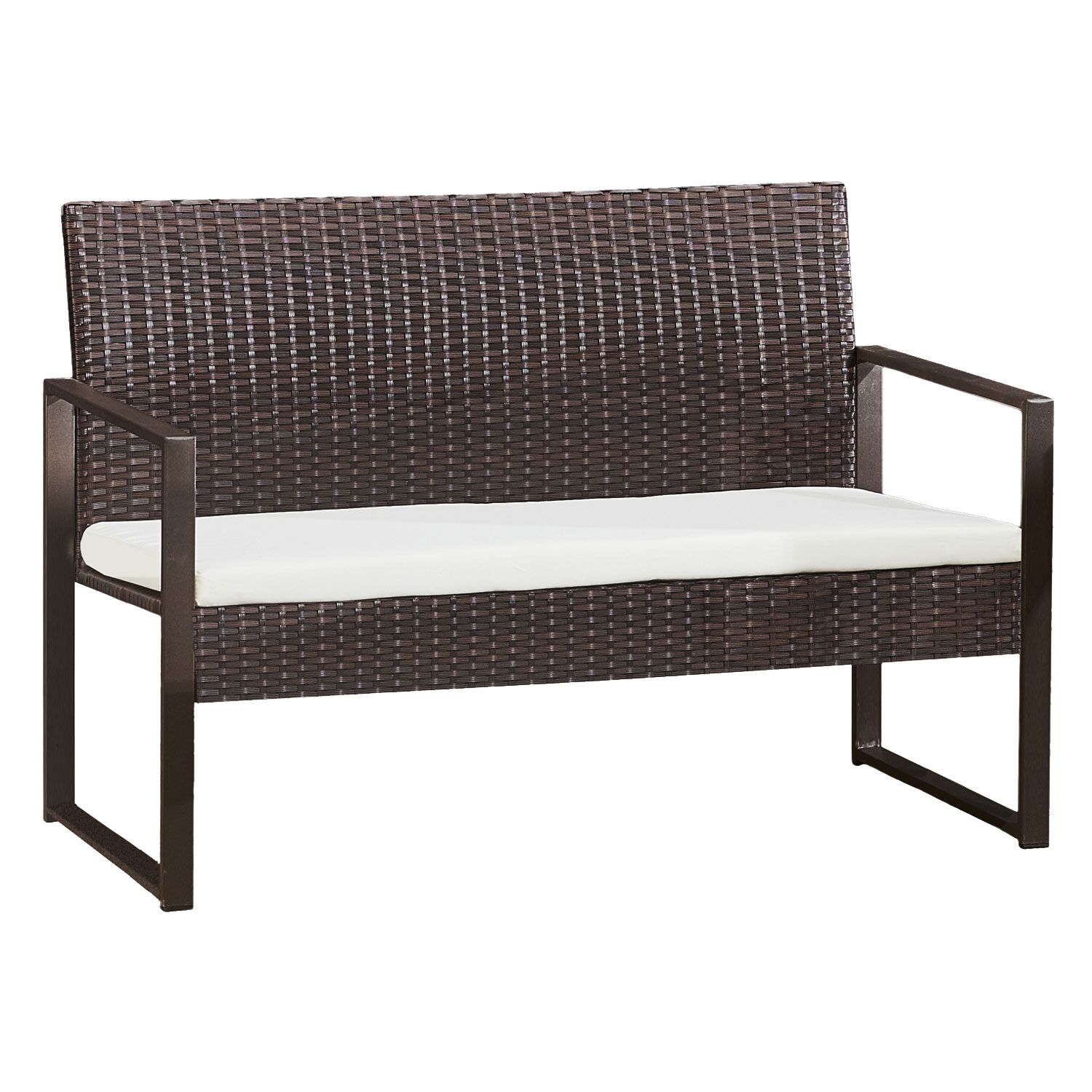 MAJORQUE tuinmeubelset in bruin gevlochten kunststof - 4 zitplaatsen - ivoorkleurige kussens