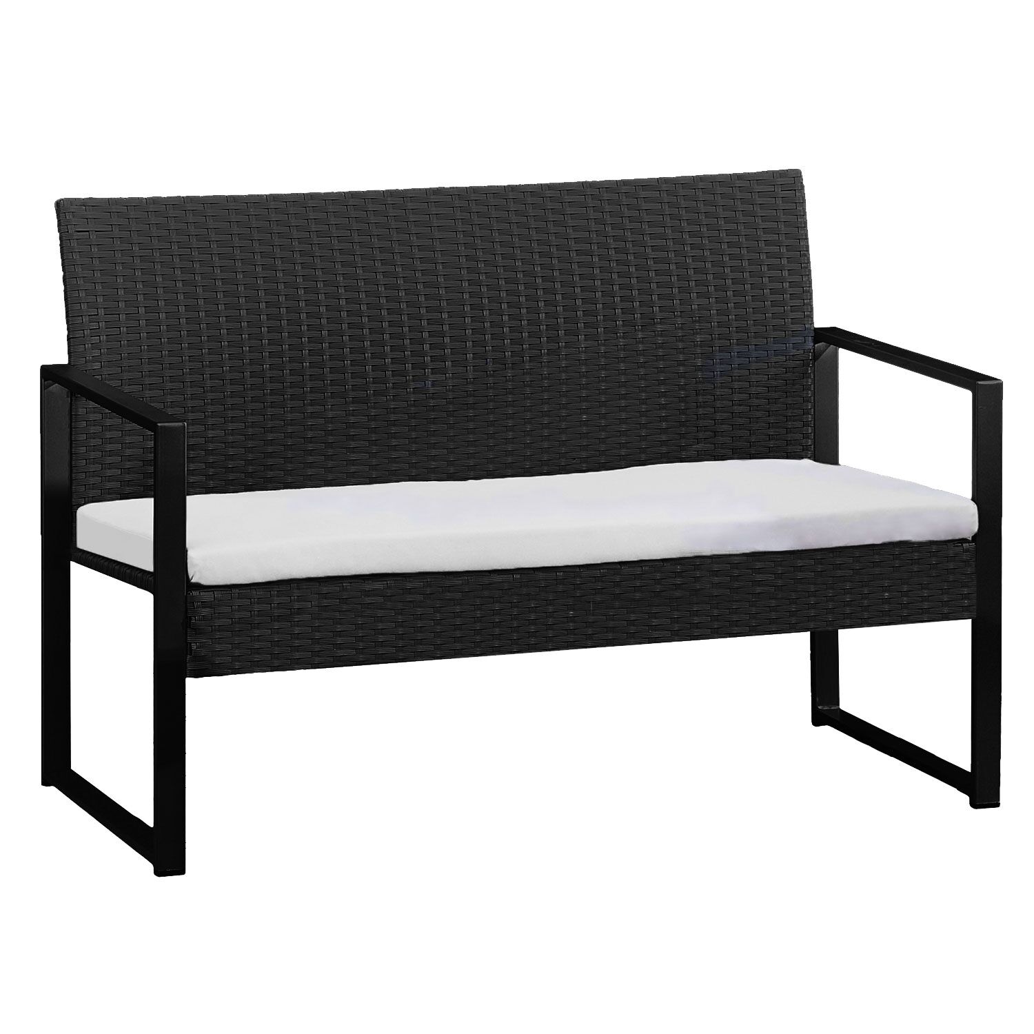 MAJORQUE tuinmeubelset in zwart gevlochten kunststof - ivoorkleurige kussens