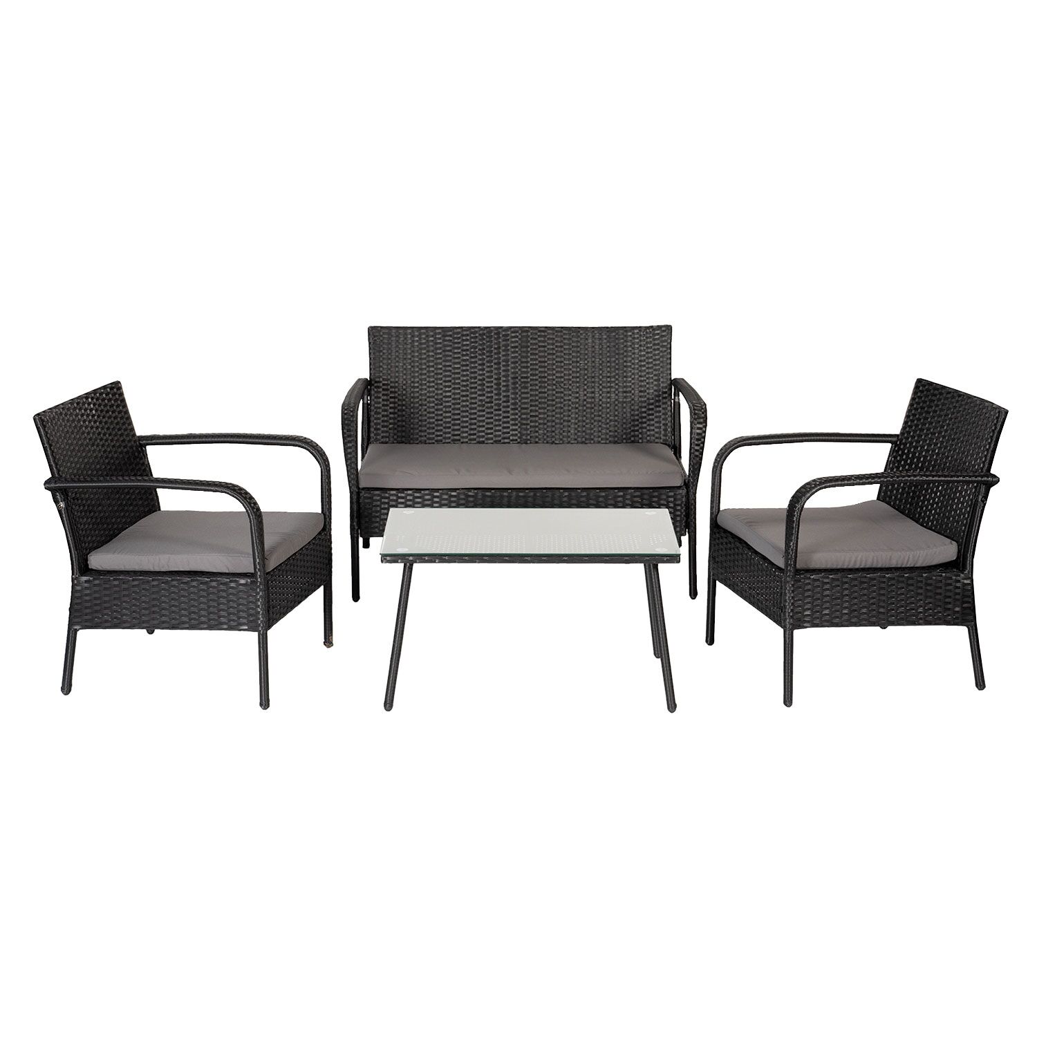 LIPARI tuinmeubelset in zwart gevlochten kunststof - grijze kussens