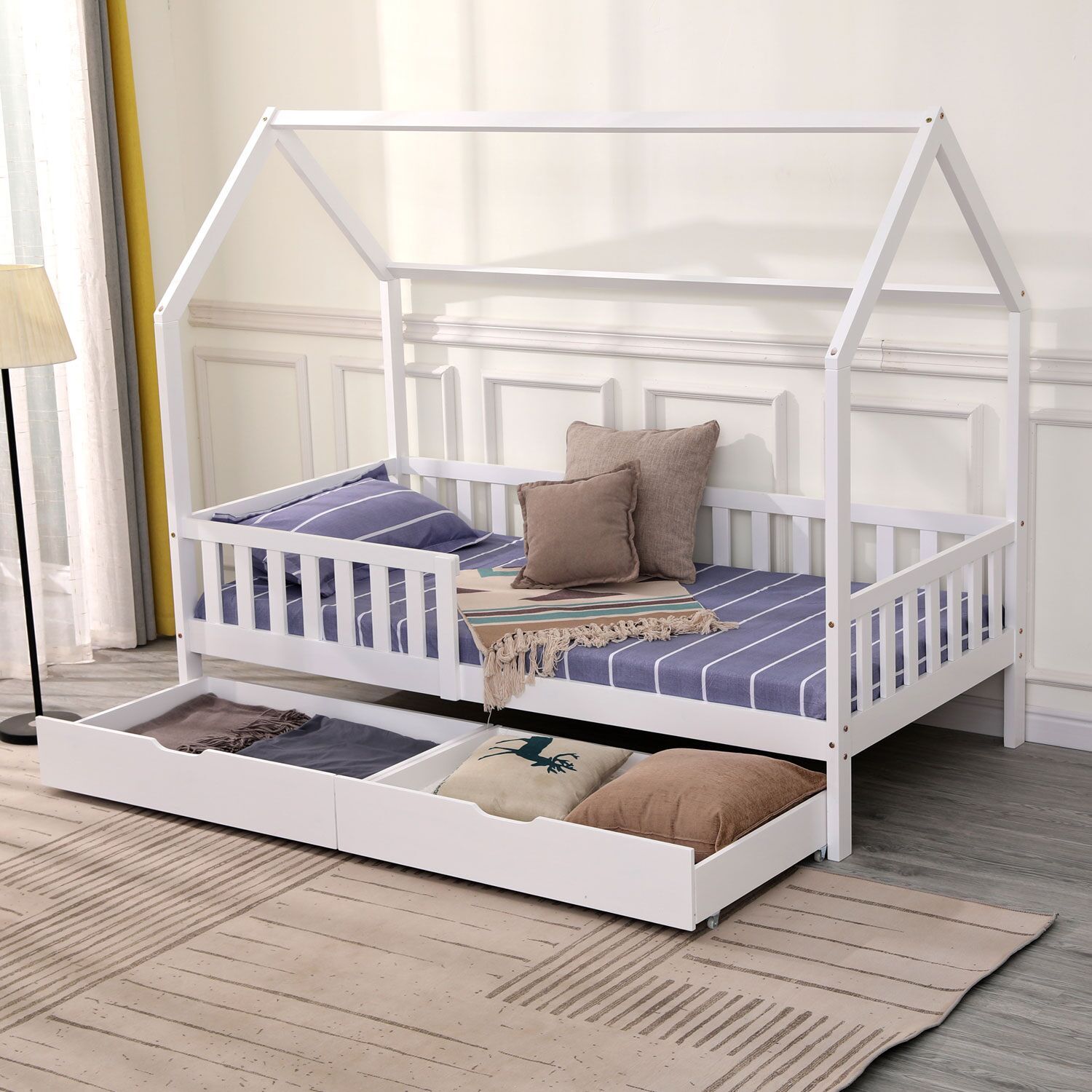 Lit cabane pour enfant 190x90cm blanc avec tiroirs MARCEAU